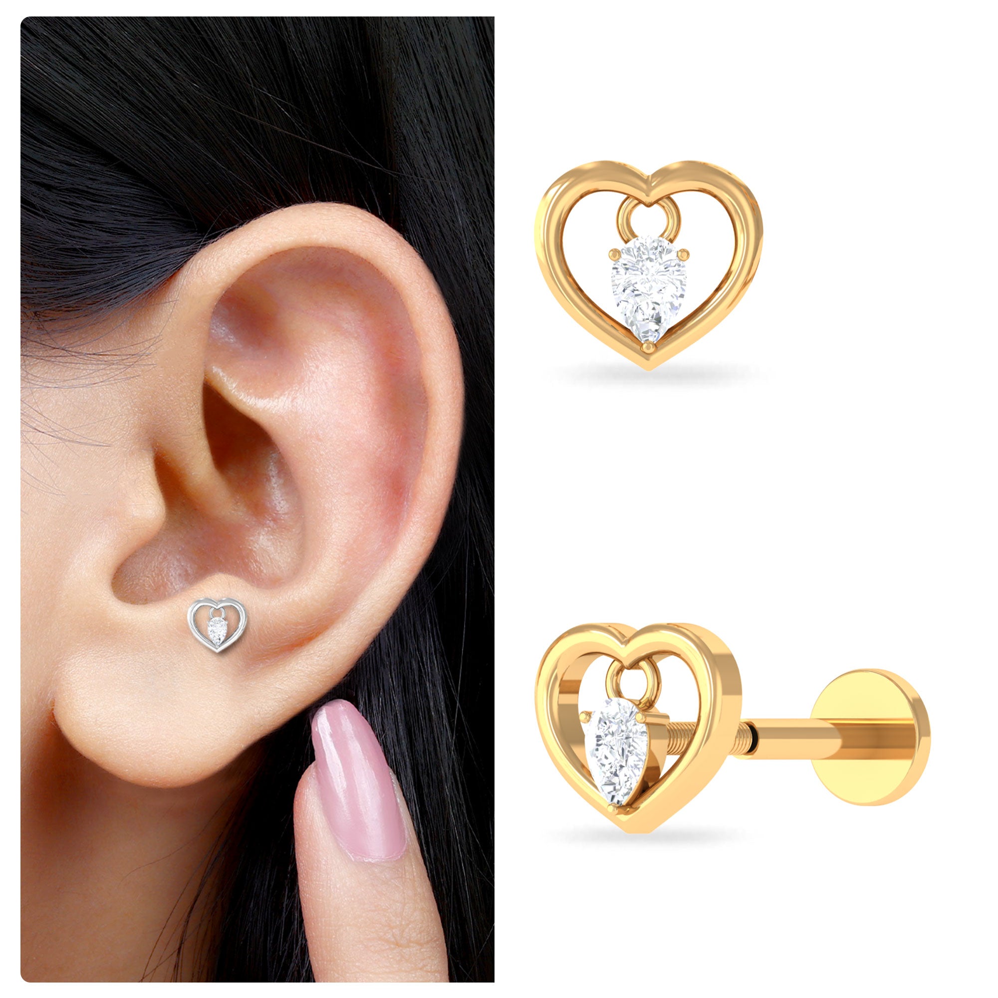 Rosec Jewels-Pear Moissanite Gold Heart Earring for Helix Piercing