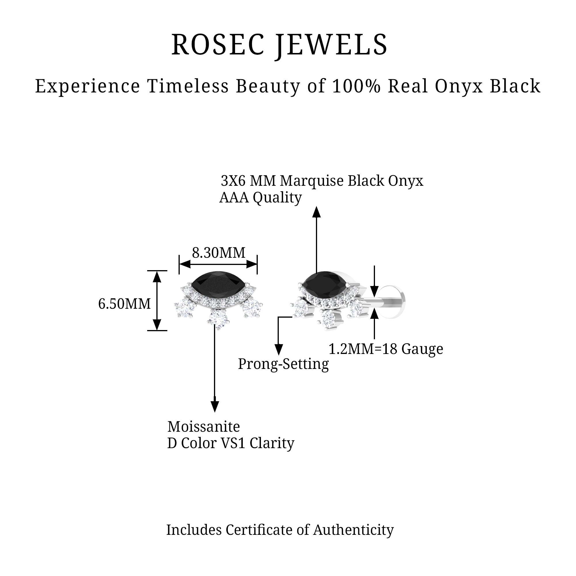 Rosec Jewels-Genuine Black Onyx Gothic Cartilage Earring with Moissanite