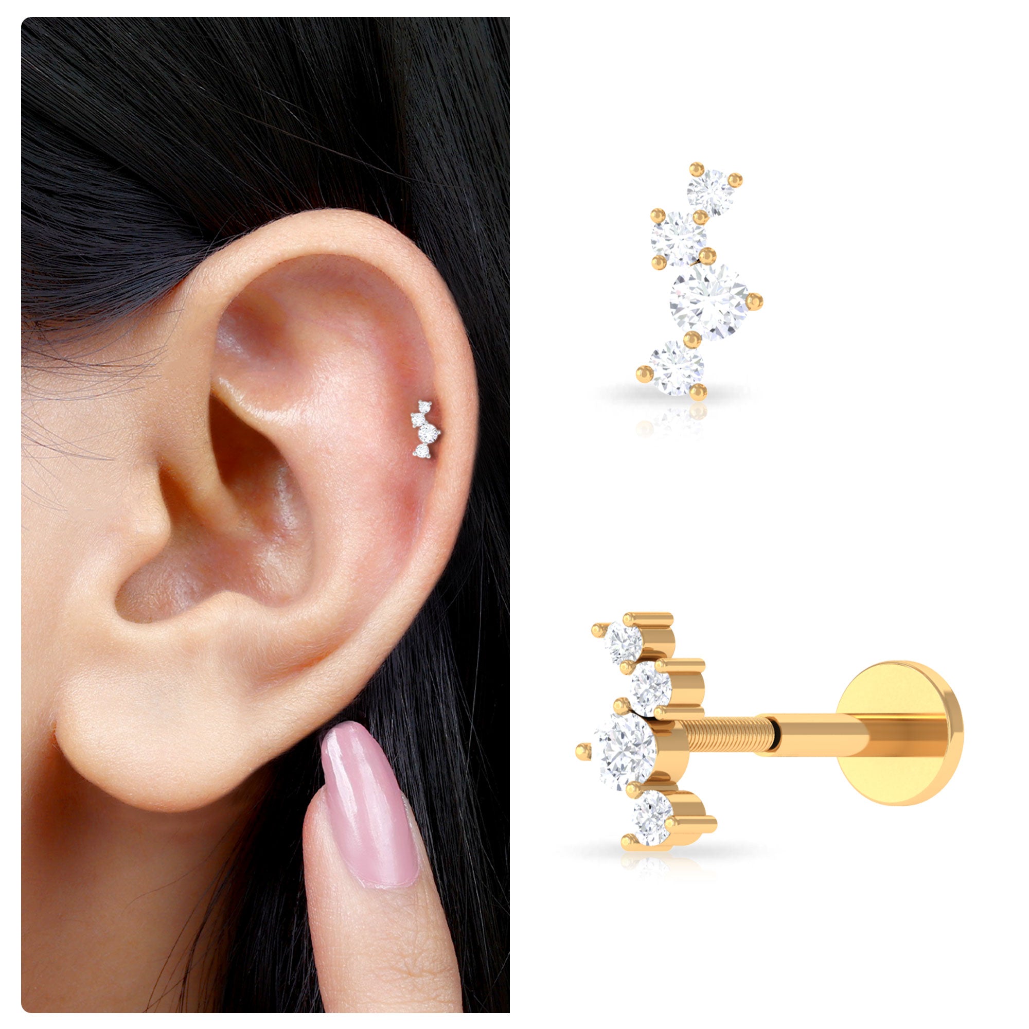 Rosec Jewels-Dainty Round Moissanite Tragus Earring in Gold