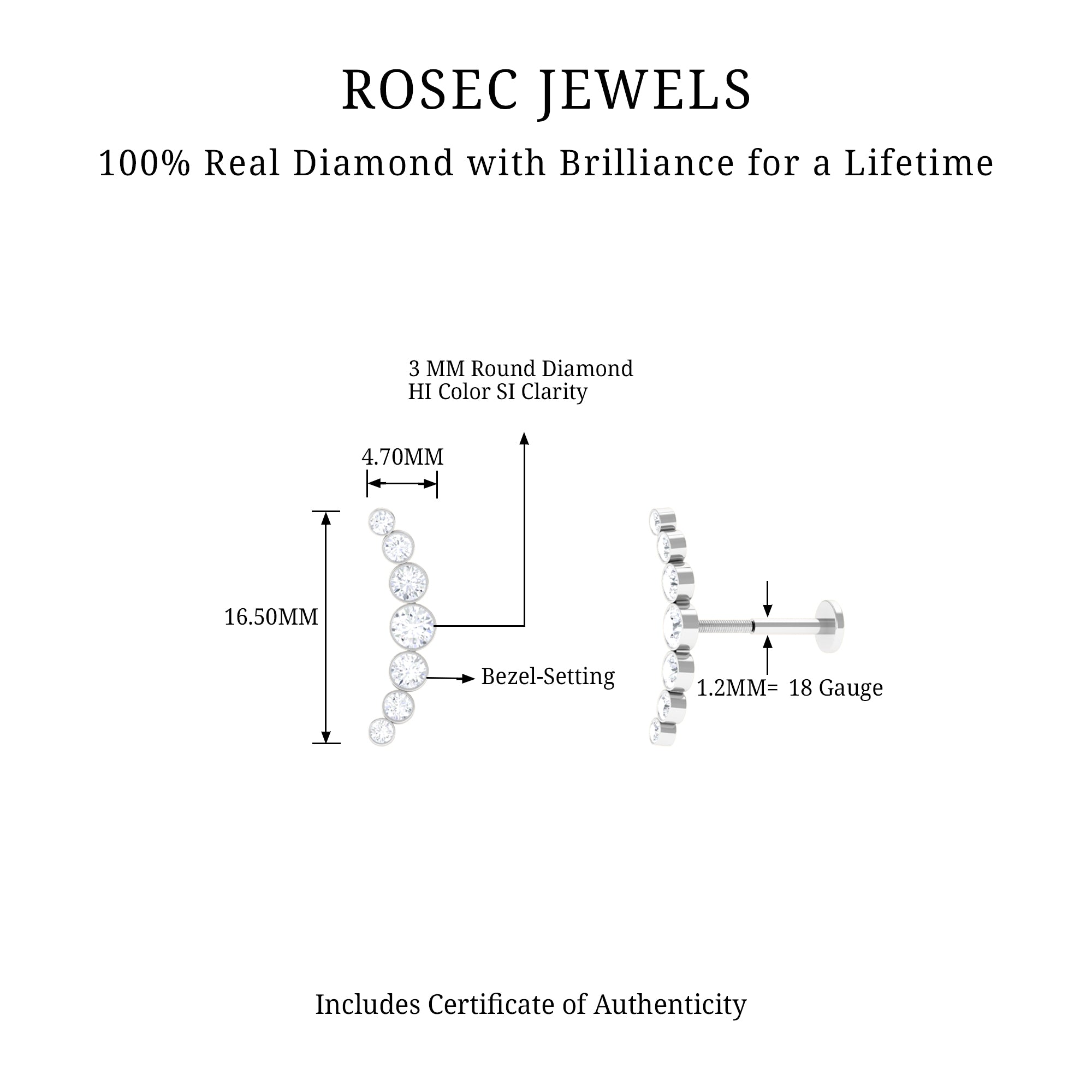 Rosec Jewels-Graduated Diamond Crawler Helix Earring in Bezel Set