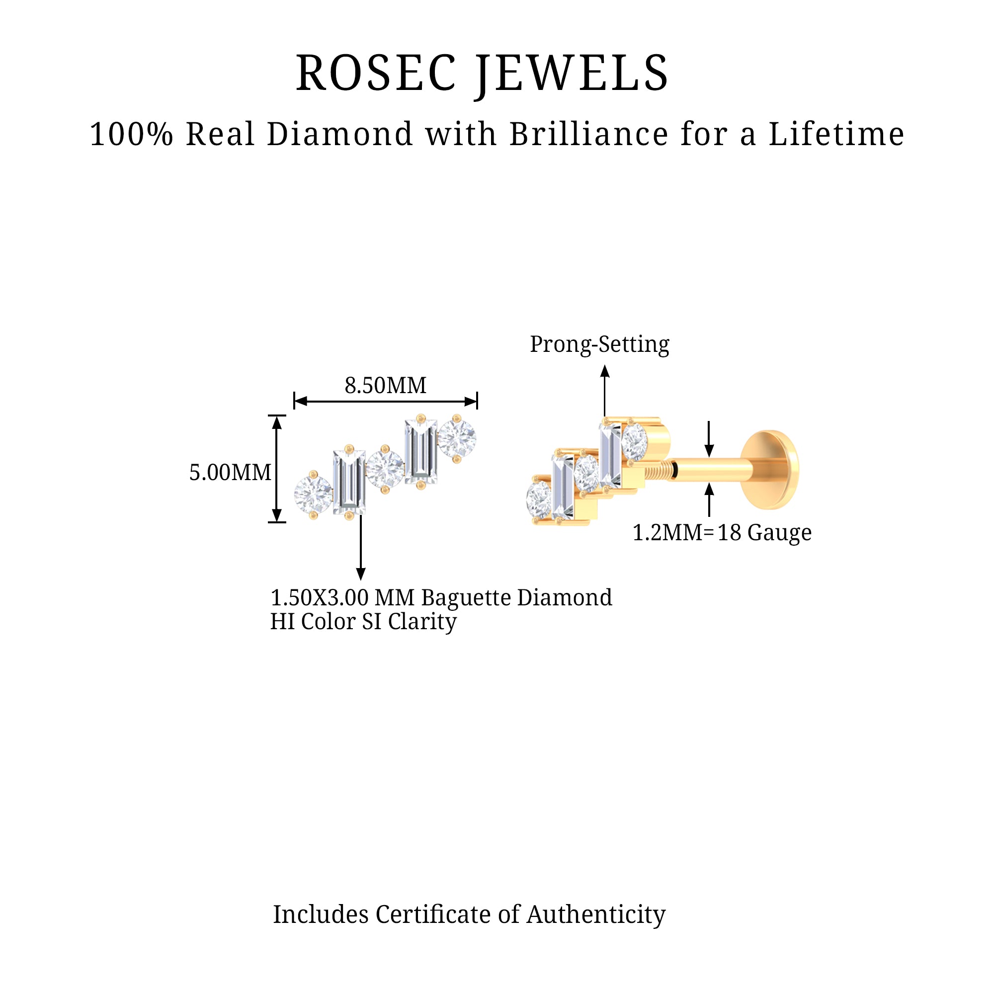 Rosec Jewels-Baguette Shape Diamond Cartilage Piercing Earring