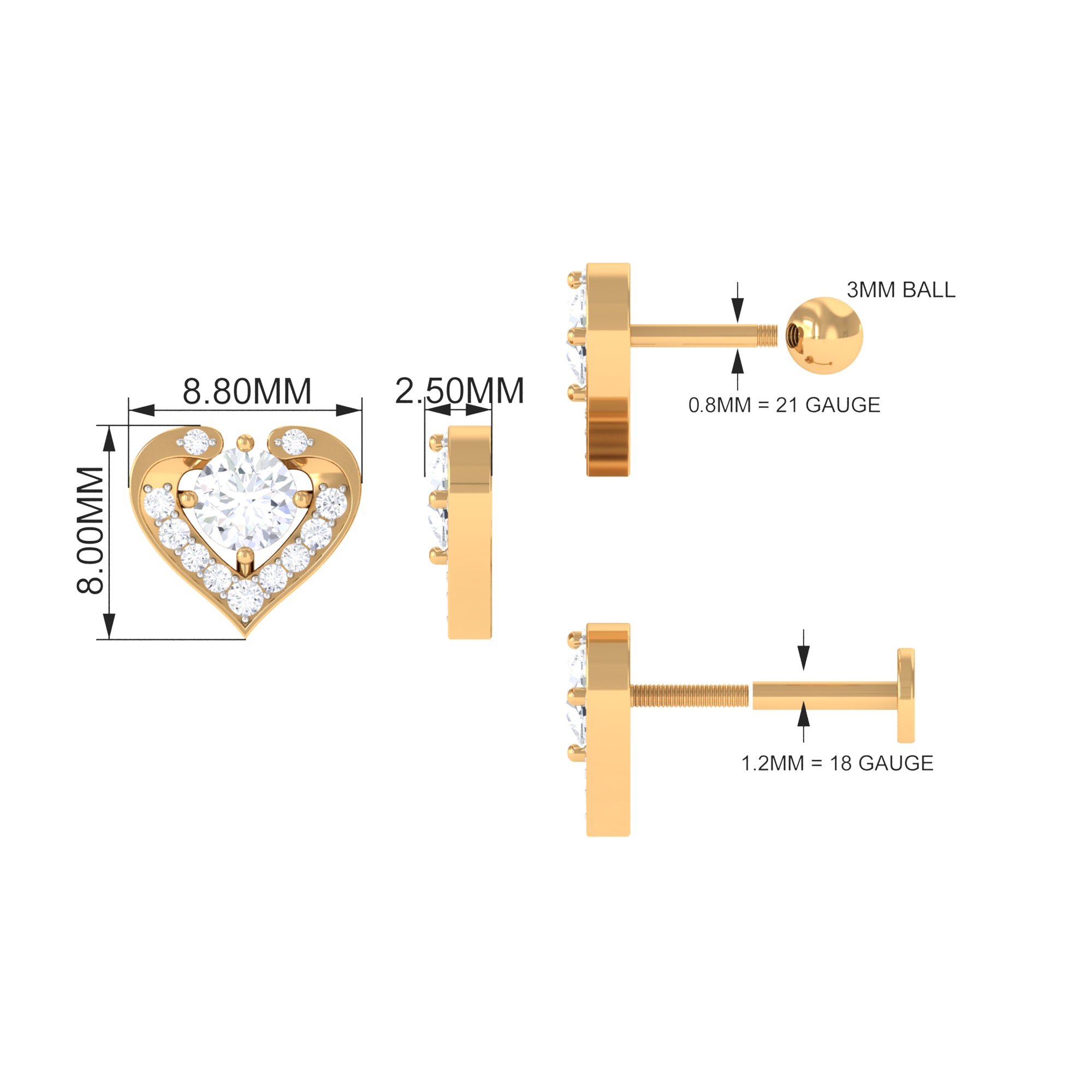 Rosec Jewels-Cute Moissanite Heart Shape Cartilage Earring