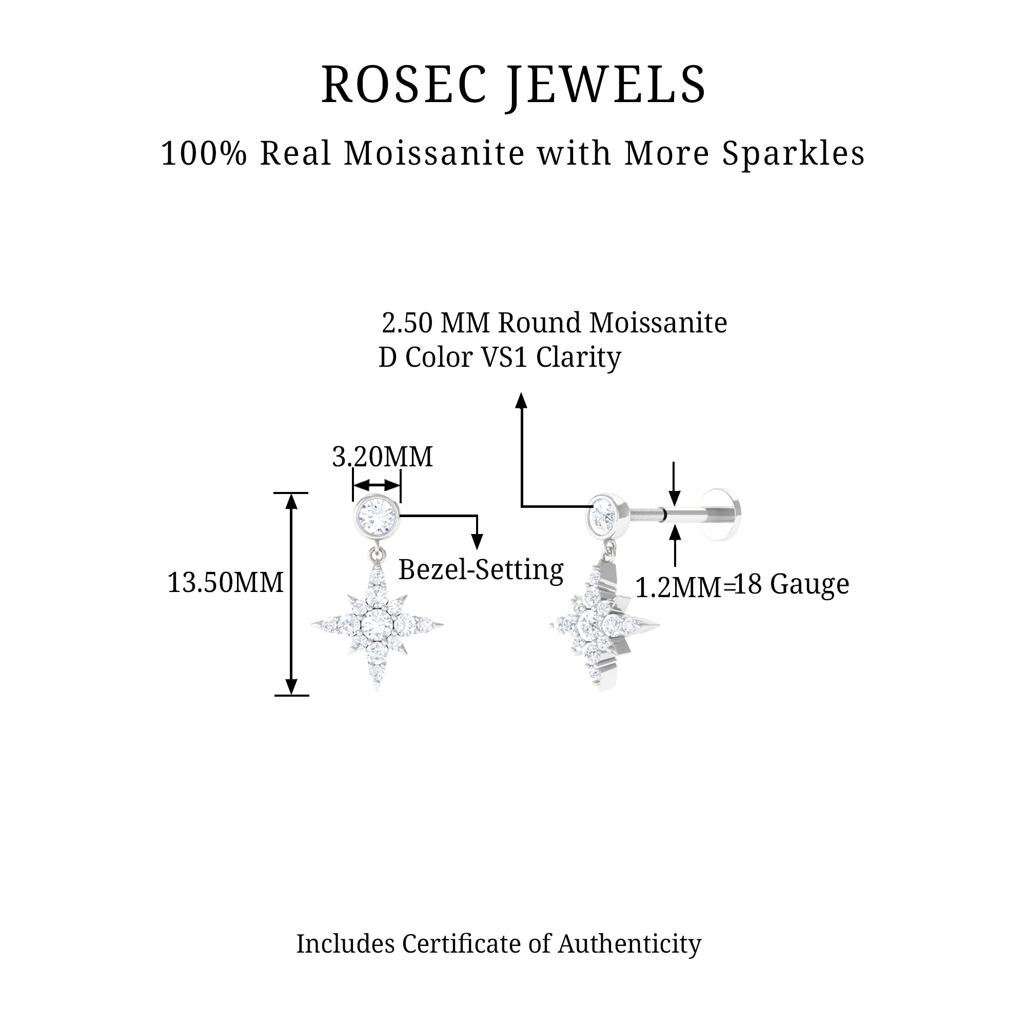 Rosec Jewels-Moissanite Starburst Drop Earring for Cartilage Piercing