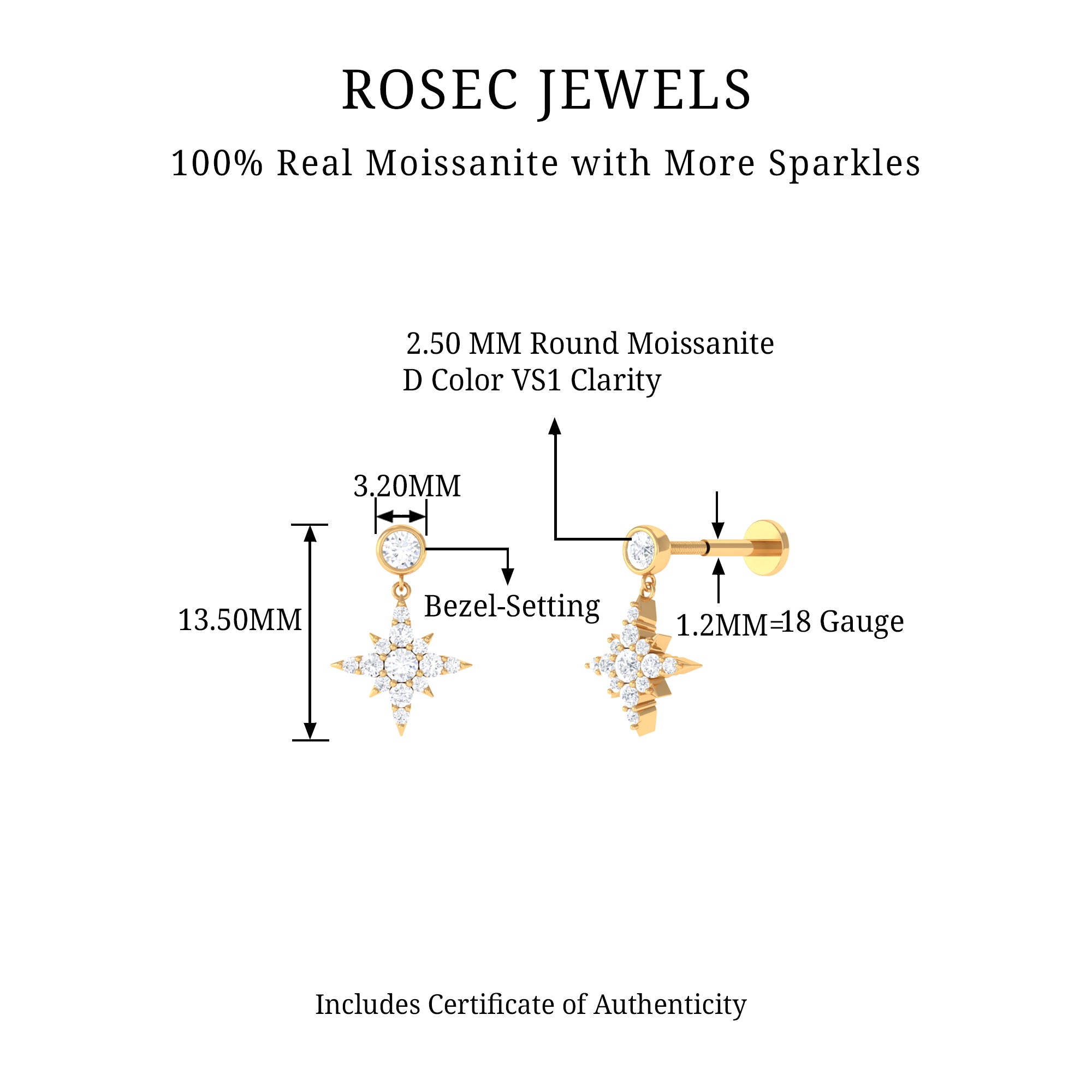 Rosec Jewels-Moissanite Starburst Drop Earring for Cartilage Piercing