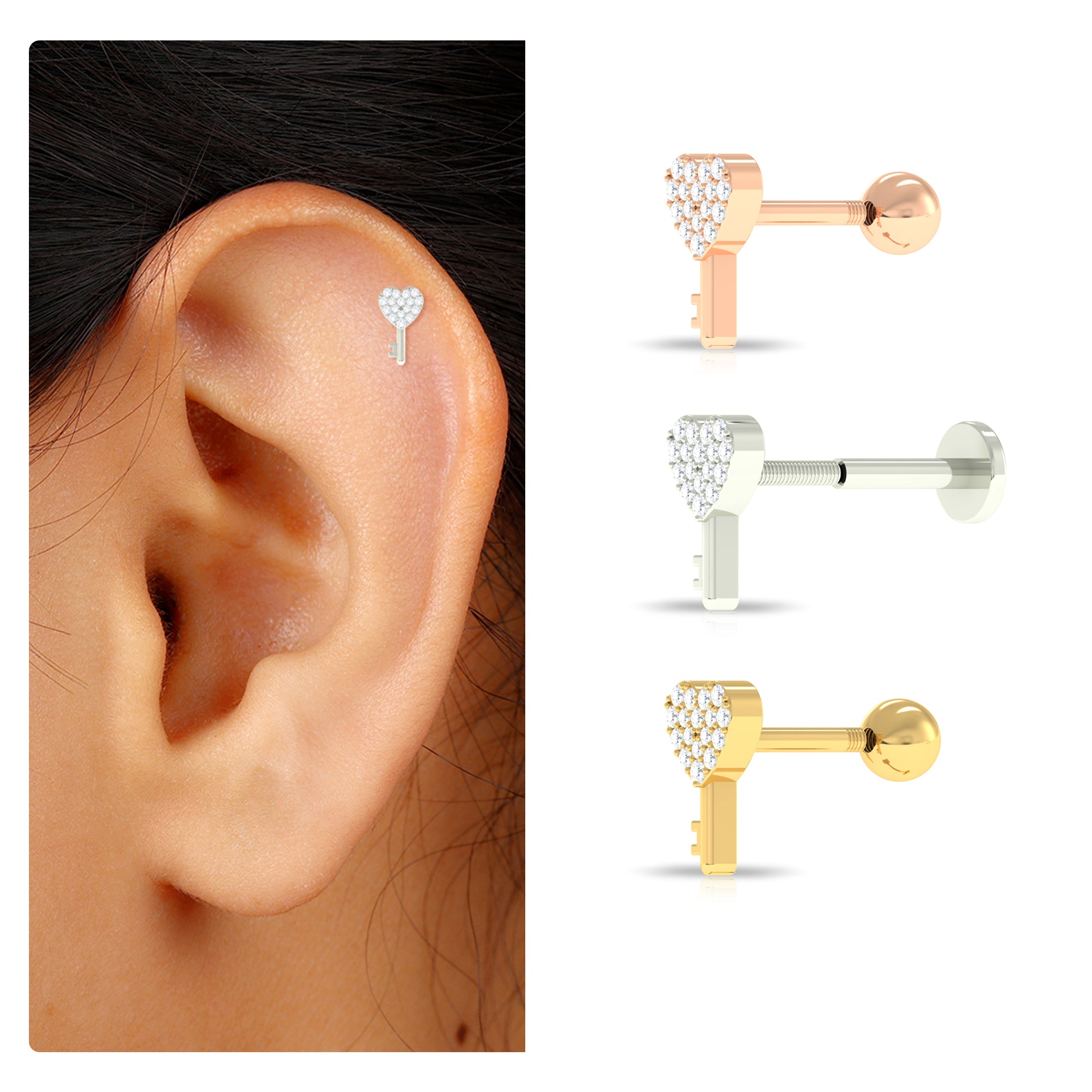 Rosec Jewels-Moissanite Heart and Key Earring for Tragus Piercing