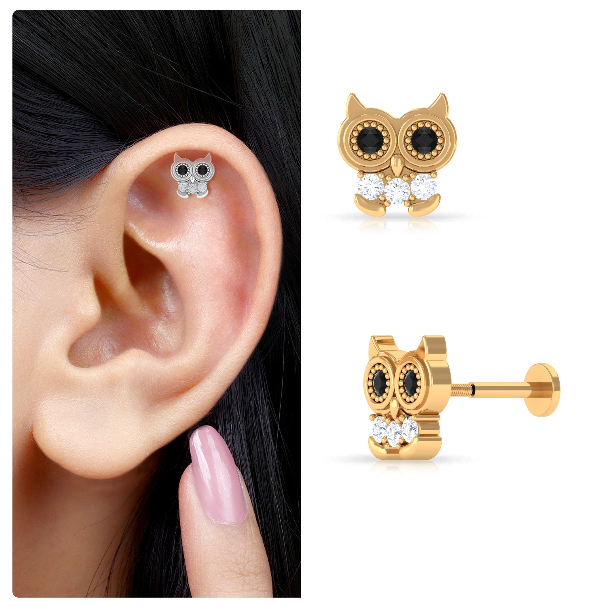 Rosec Jewels-Black Diamond Cute Owl Cartilage Earring with Moissanite