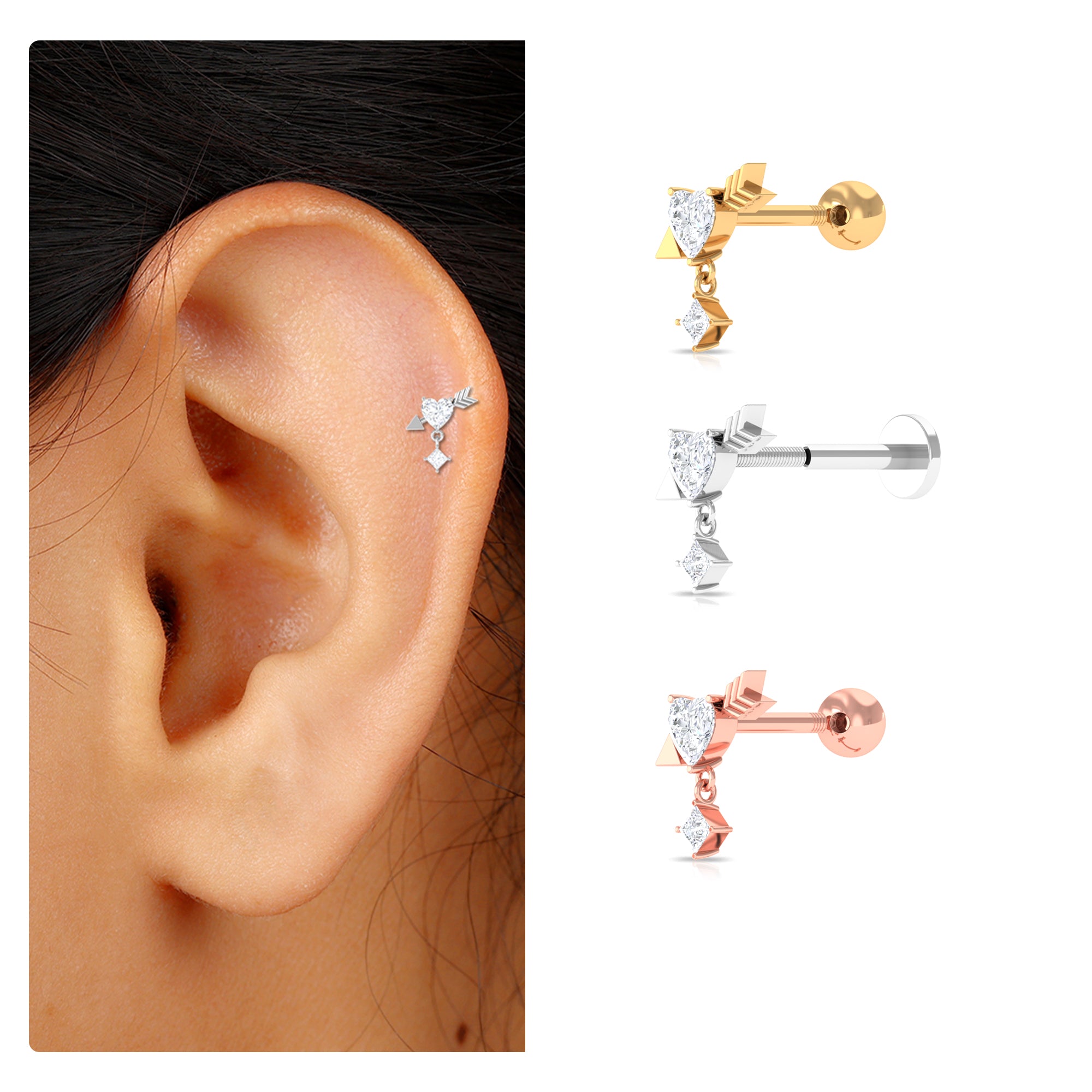 Rosec Jewels-Heart and Arrow Moissanite Earring for Cartilage Piercing