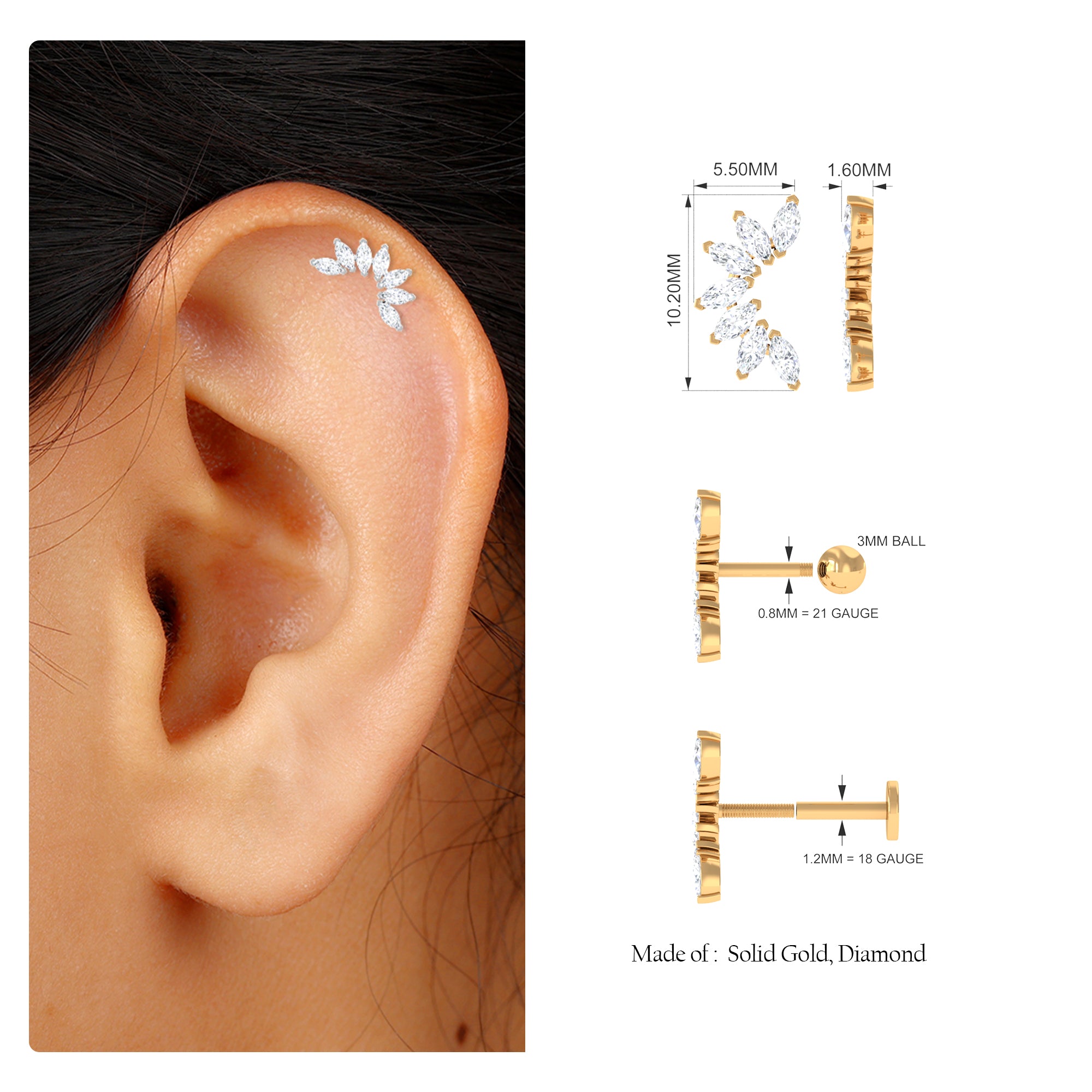 Rosec Jewels-Marquise Moissanite Flower Crawler Earring for Helix Piercing