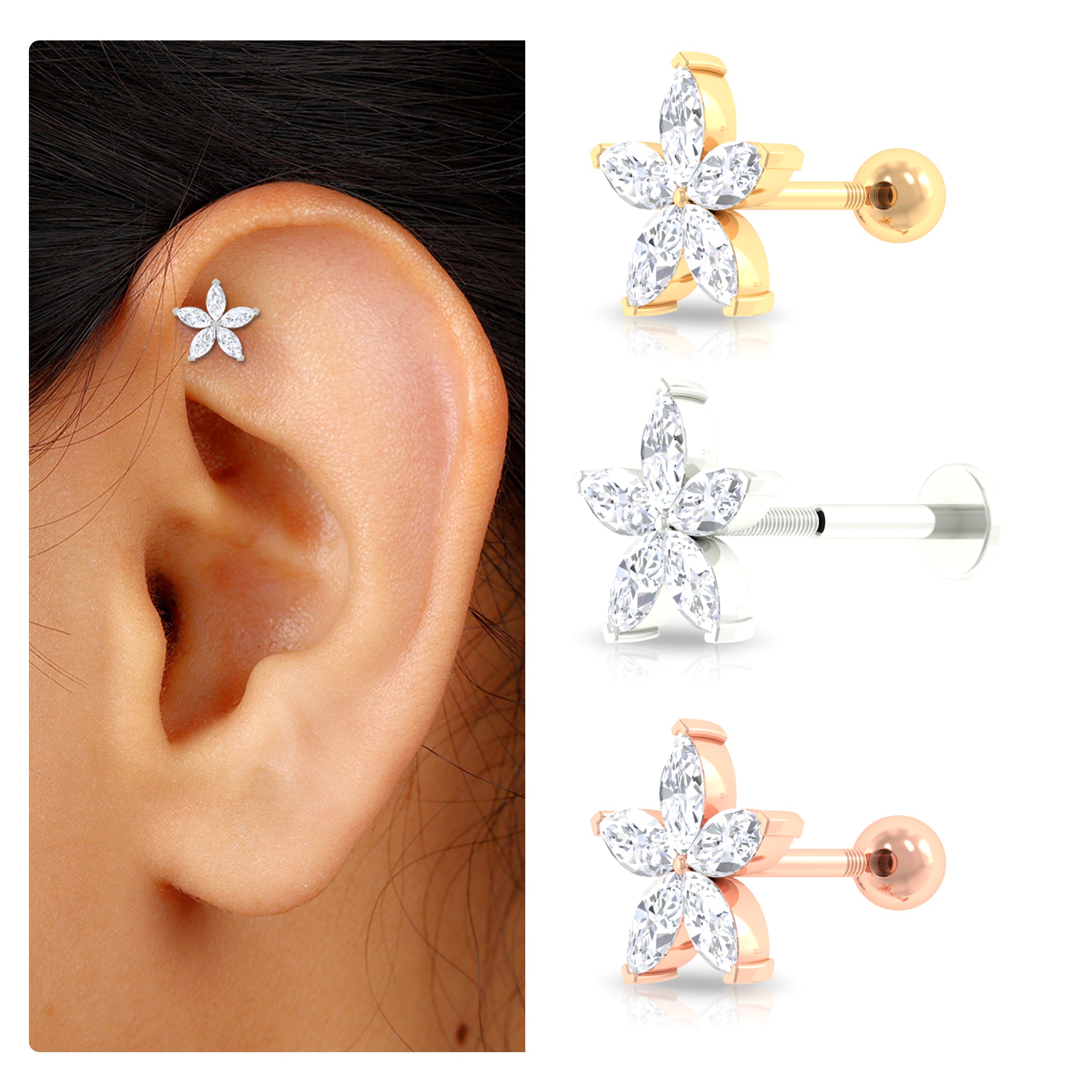 Rosec Jewels-Marquise Moissanite Floral Earring for Cartilage Piercing