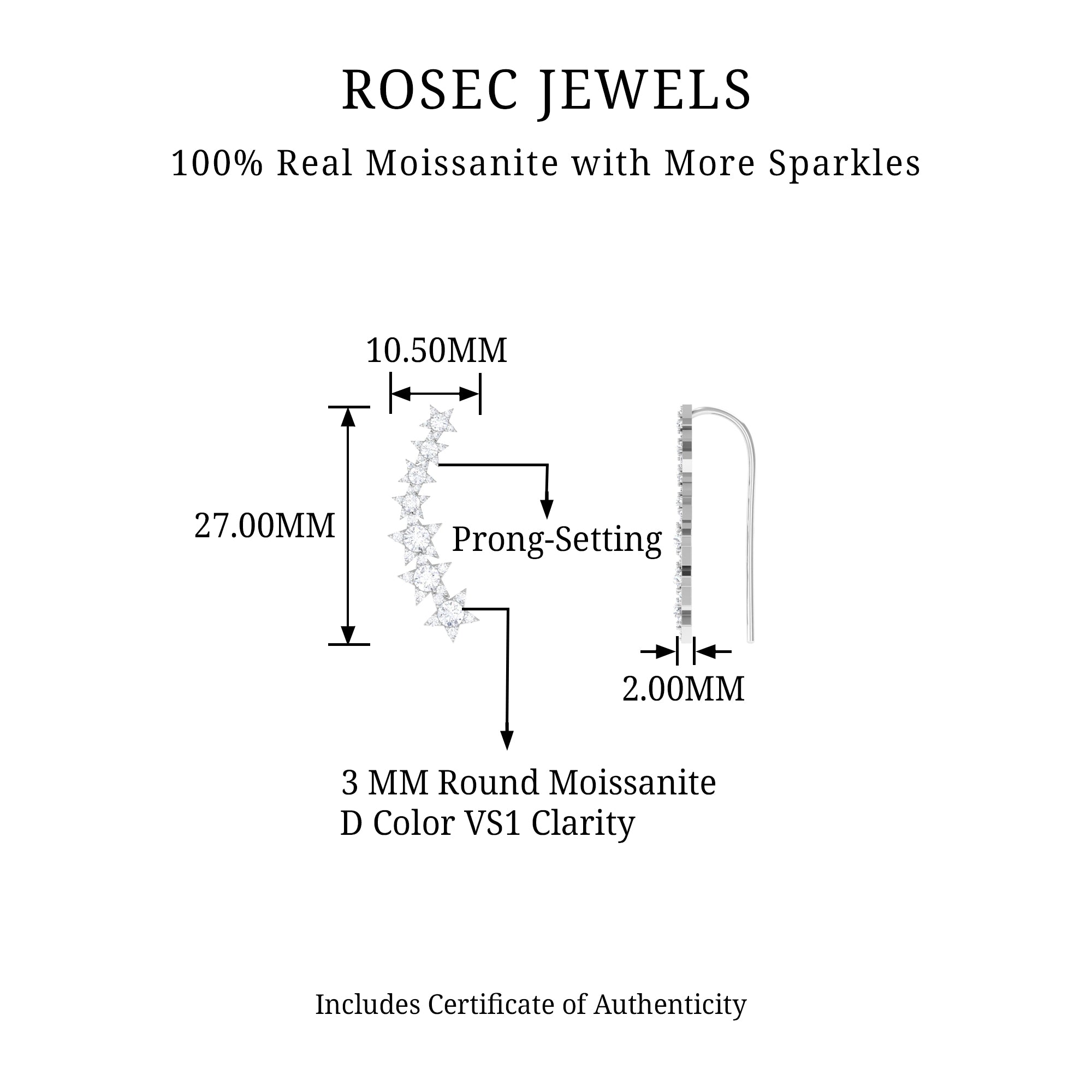 Rosec Jewels-Moissanite Star Climber Earring for Cartilage Piercing