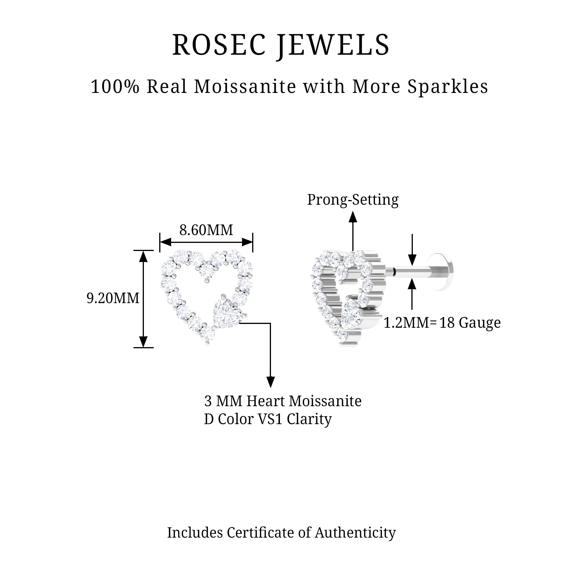 Rosec Jewels-Certified Moissanite Gold Heart Cartilage Earring