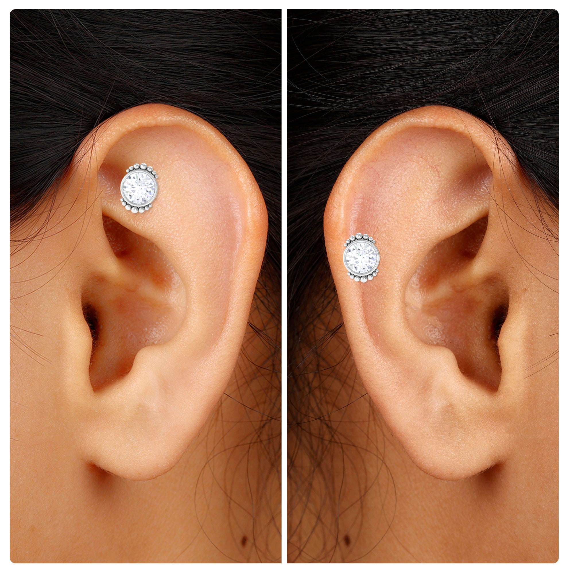 Rosec Jewels-Moissanite Simple Helix Earring in Beaded Bezel Setting