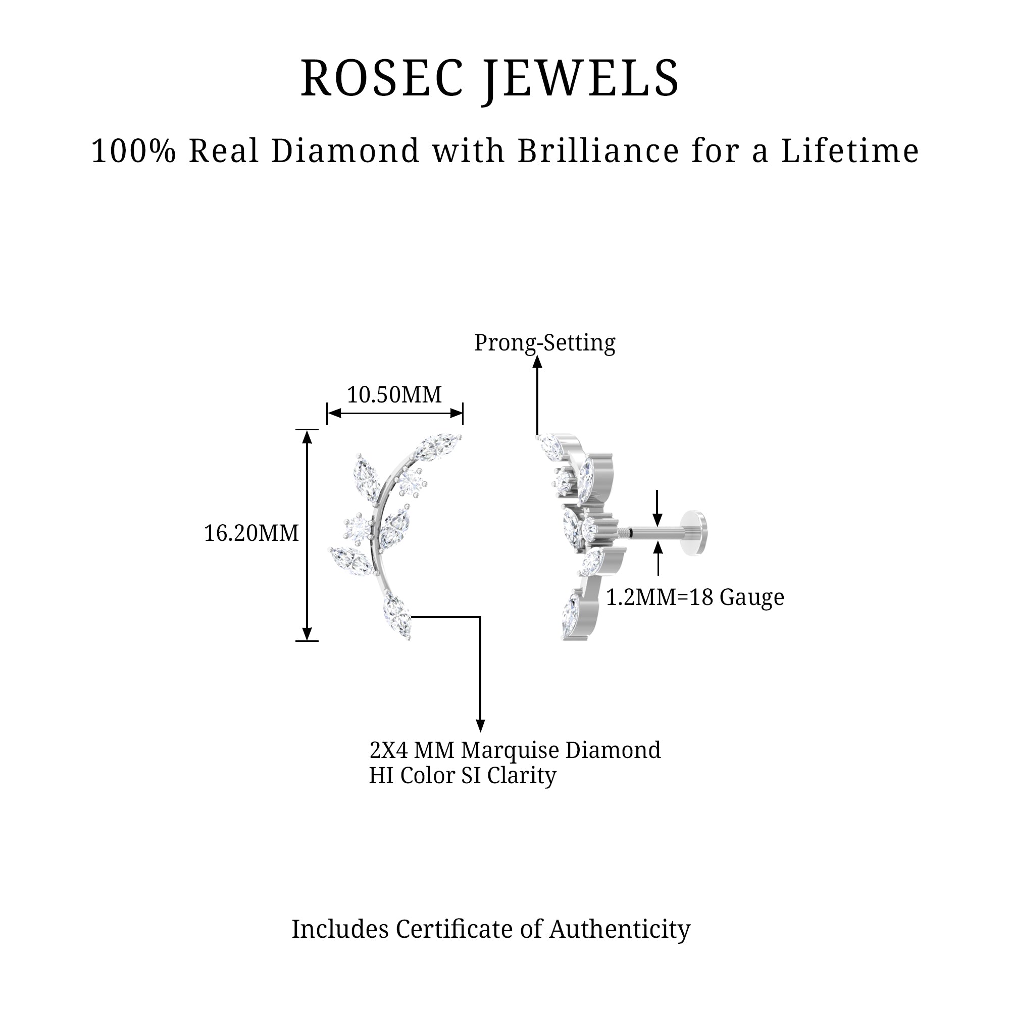 Rosec Jewels-Womens Marquise Diamond Leaf Crawler Earring