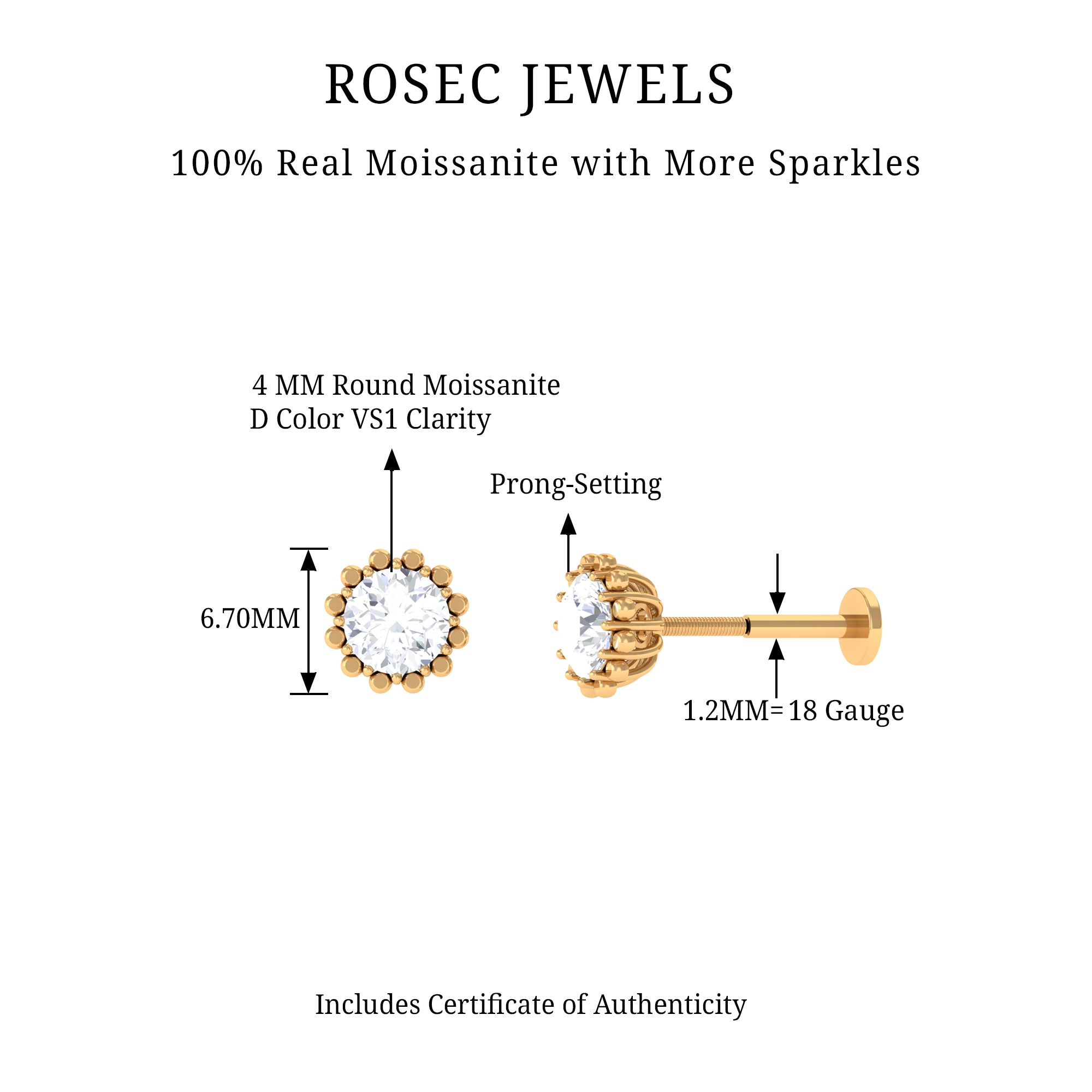 Rosec Jewels-Certified Round Moissanite Simple Cartilage Earring