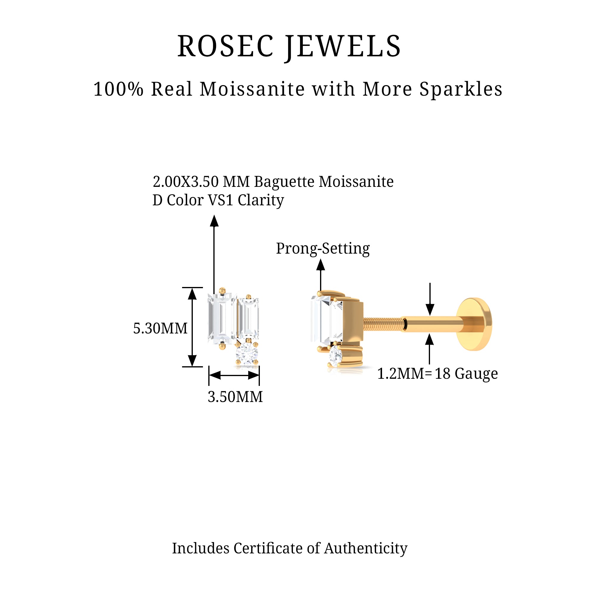 Rosec Jewels-Minimalist Baguette Moissanite Earring for Conch Piercing