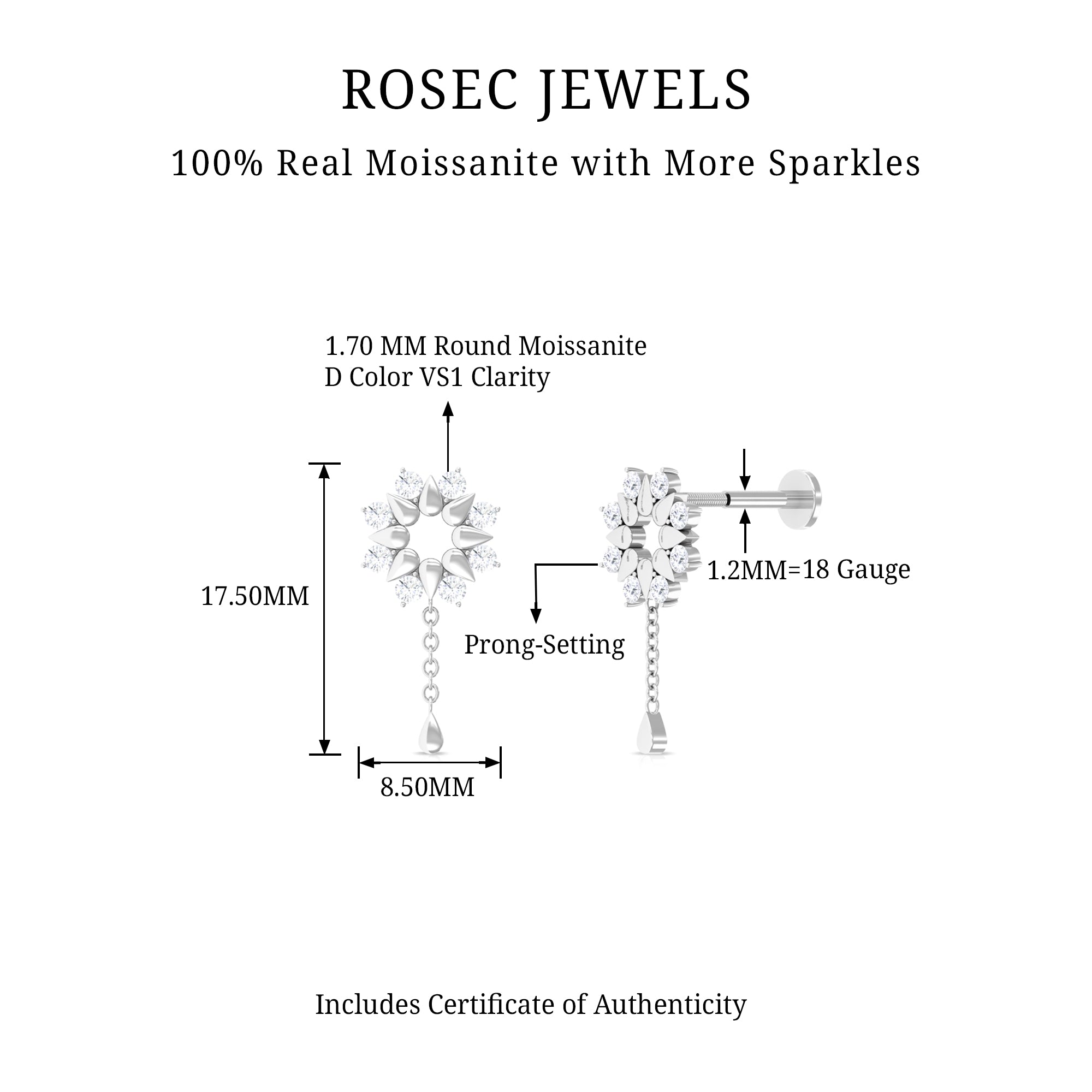 Rosec Jewels-Moissanite Flower Chain Drop Earring for Cartilage Piercing