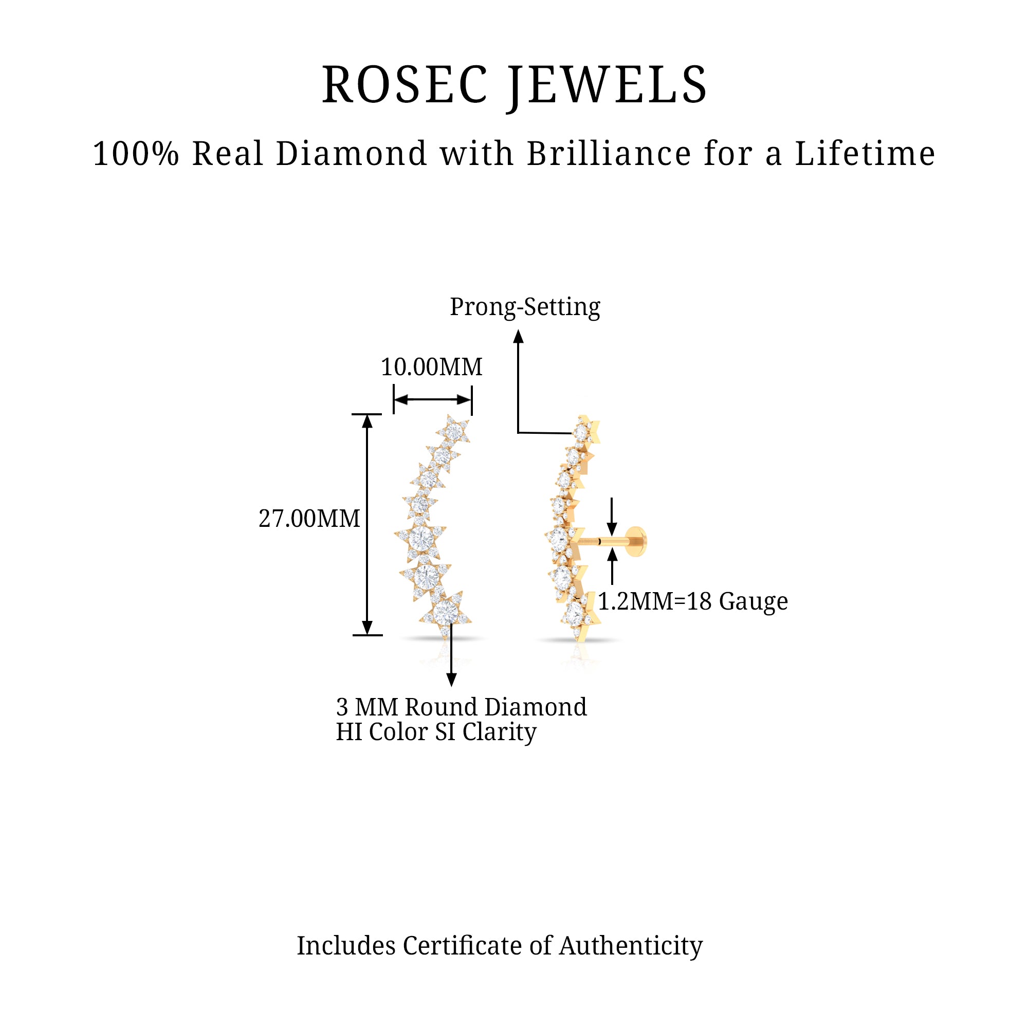 Rosec Jewels-Graduated Diamond Star Crawler Earring for Helix Piercing