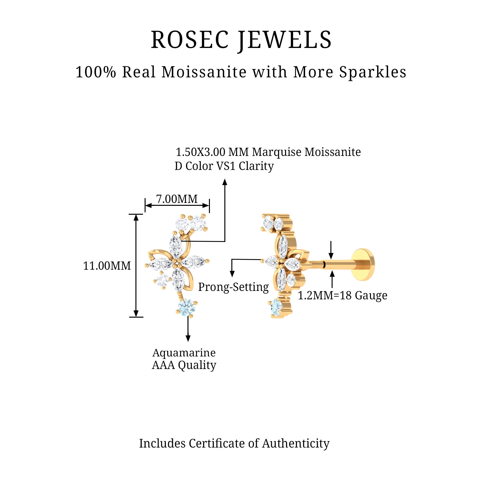 Rosec Jewels-Real Aquamarine and Moissanite Flower Crawler Earring