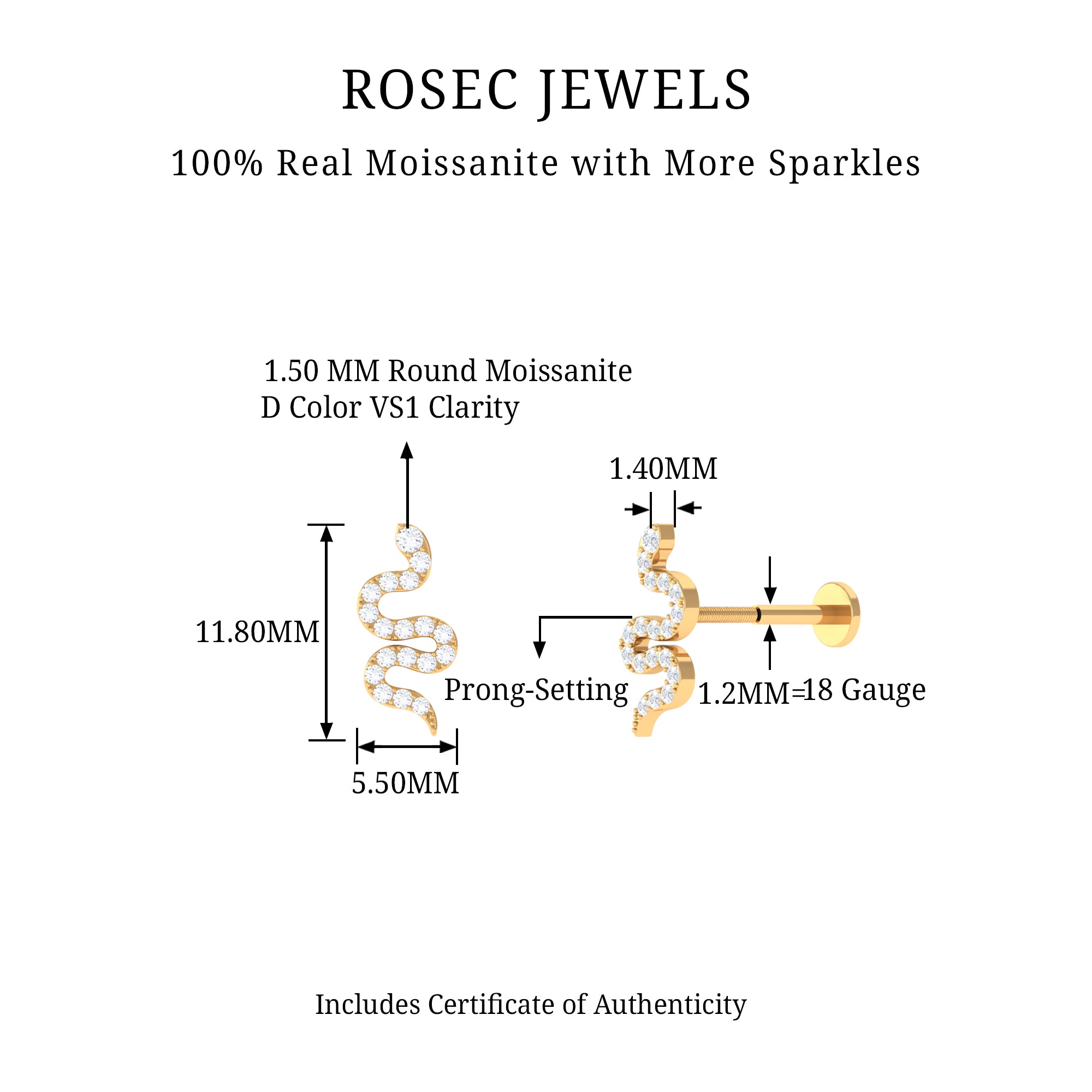 Rosec Jewels-Unique Moissanite Snake Crawler Cartilage Earring in Gold