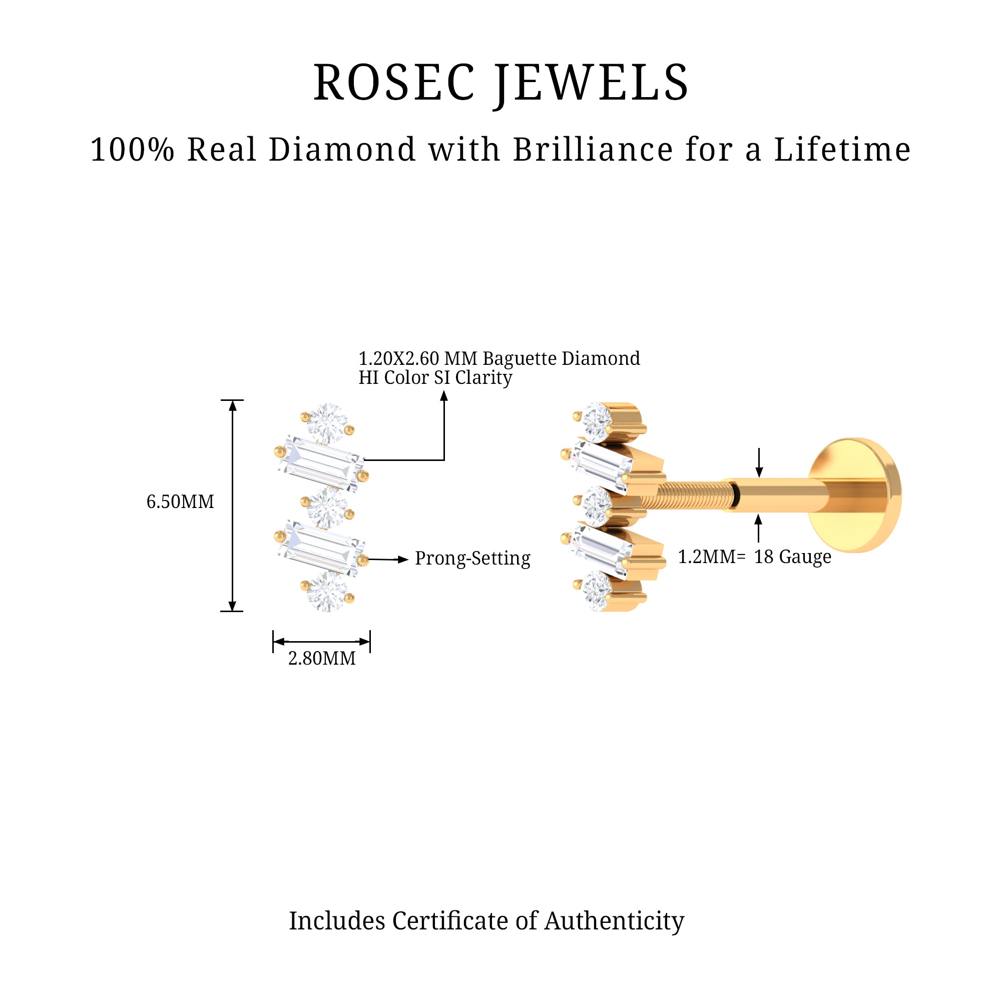 Rosec Jewels-Unique Baguette Diamond Tragus Earring in Gold