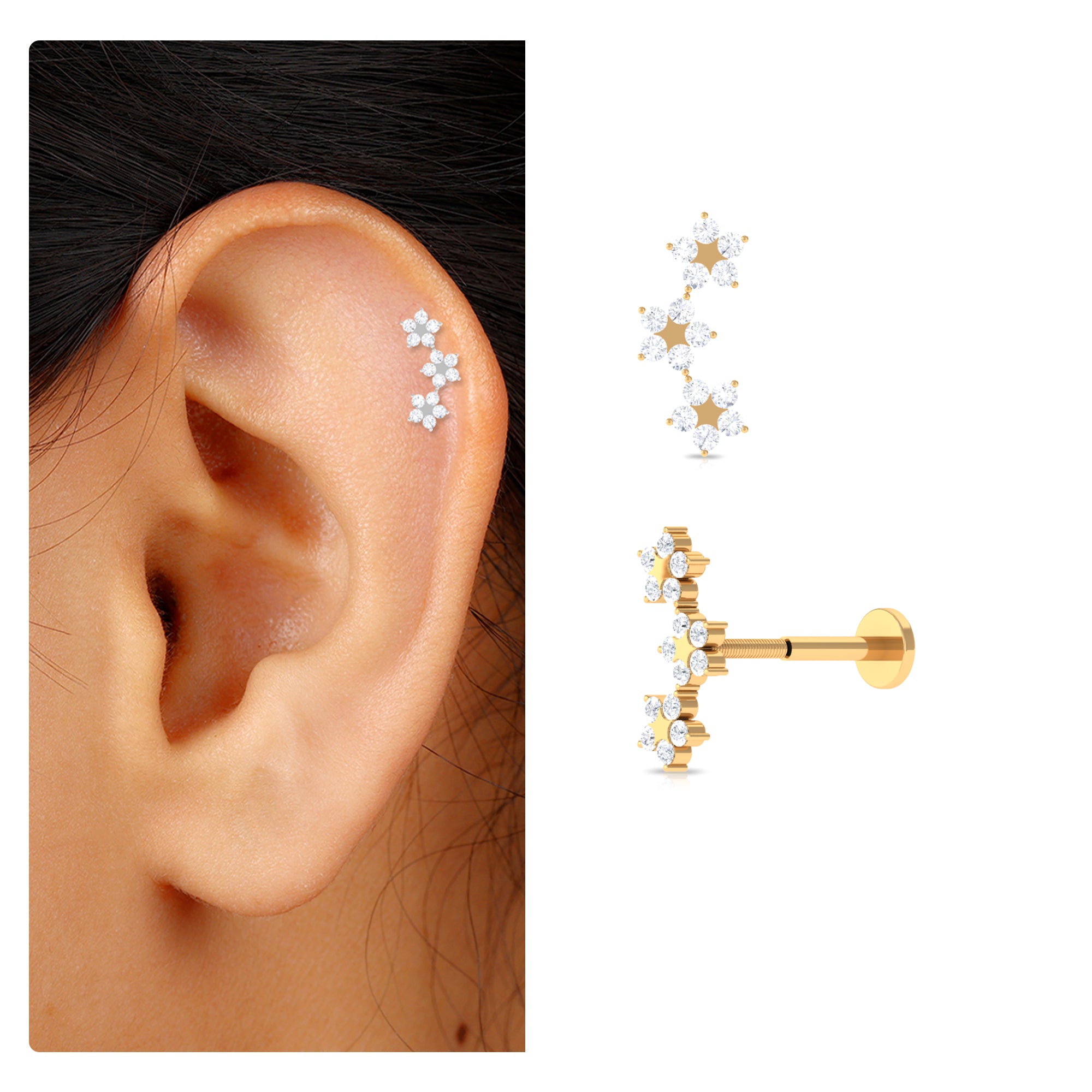 Rosec Jewels-Moissanite Gold Flower Crawler Earring for Helix Piercing