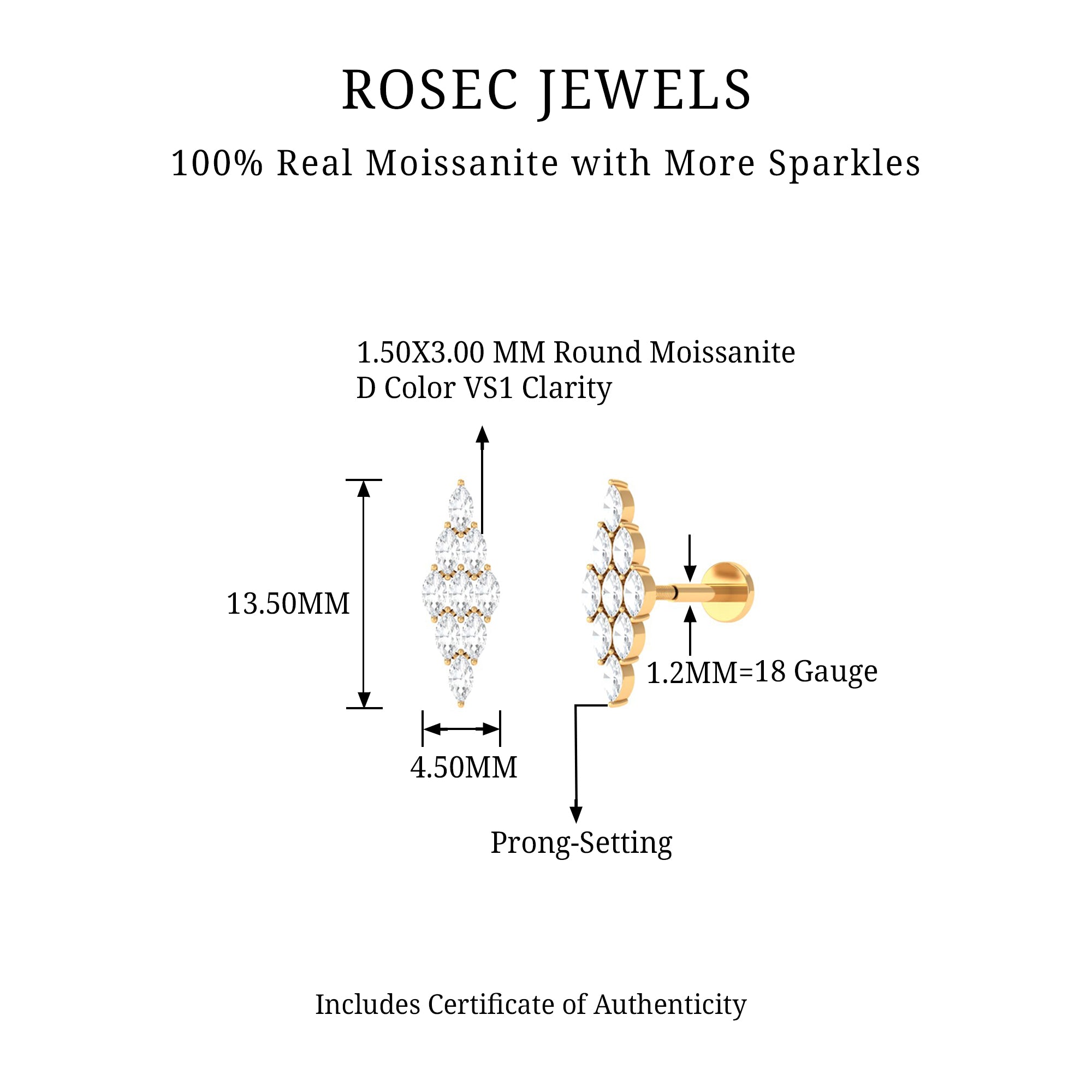 Rosec Jewels-Marquise Moissanite Cluster Geometric Earring for Cartilage Piercing