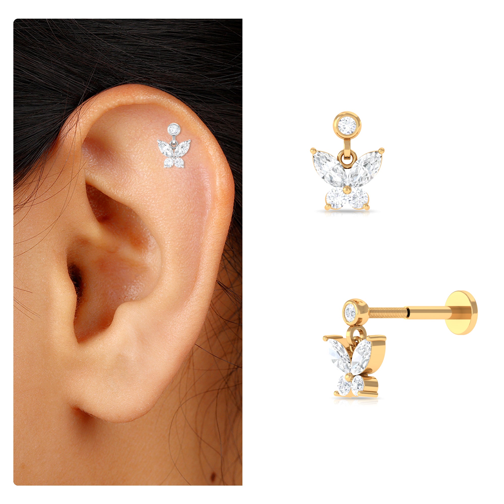 Rosec Jewels-Marquise Moissanite Butterfly Dangly Earring for Helix Piercing