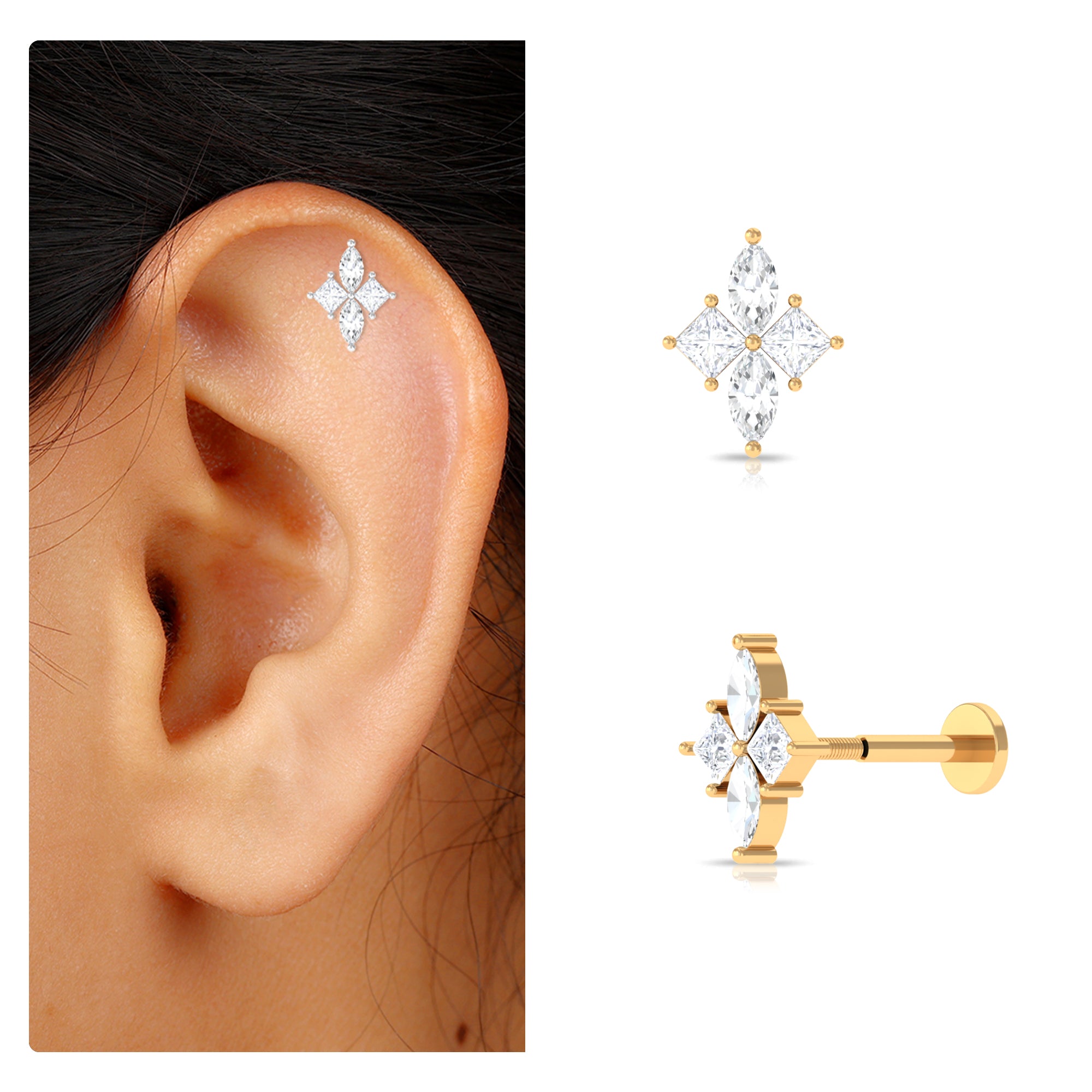 Rosec Jewels-Marquise and Princess Cut Moissanite Flower Cartilage Earring