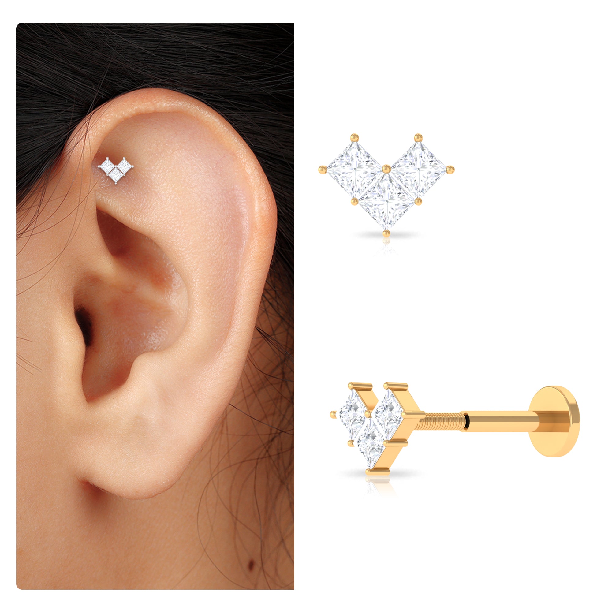 Rosec Jewels-Princess Cut Moissanite Three Stone Tragus Earring