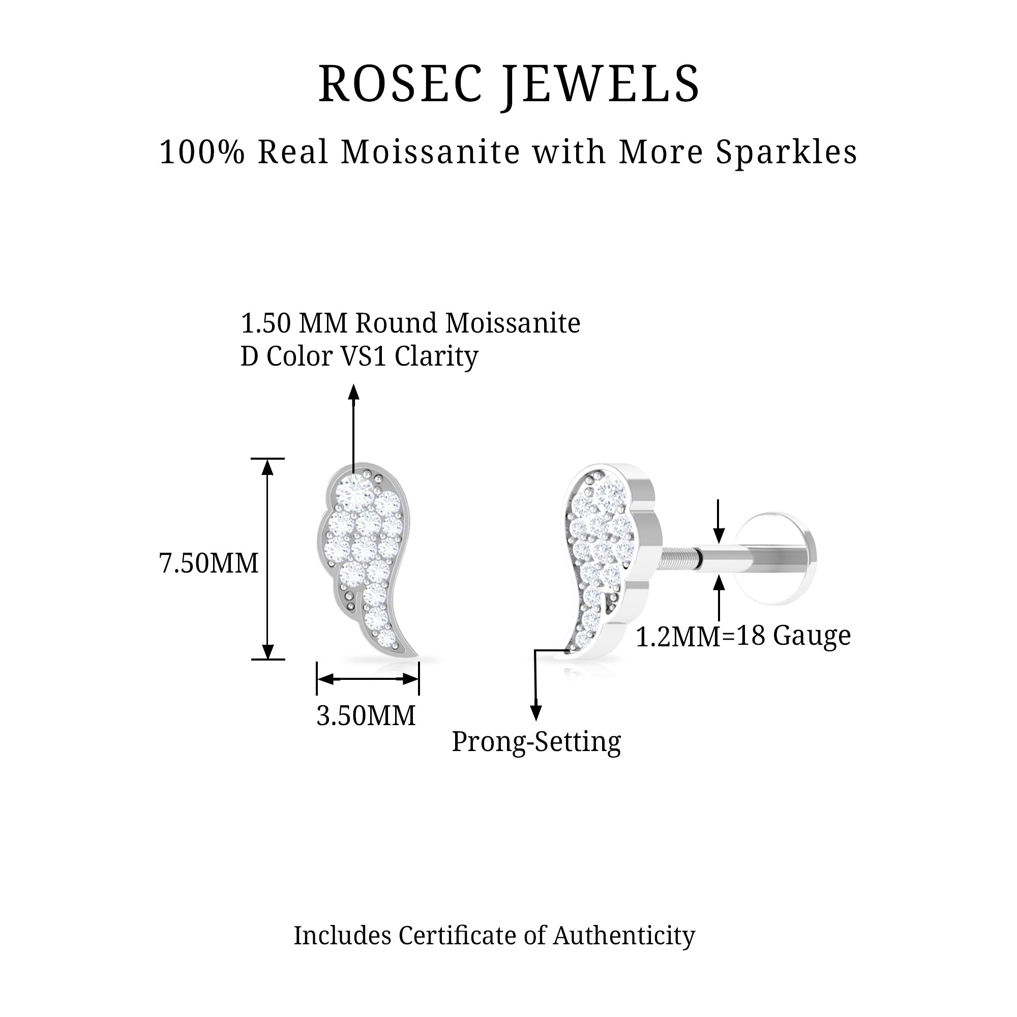 Rosec Jewels-Minimal Moissanite Gold Wing Earring for Cartilage Piercing