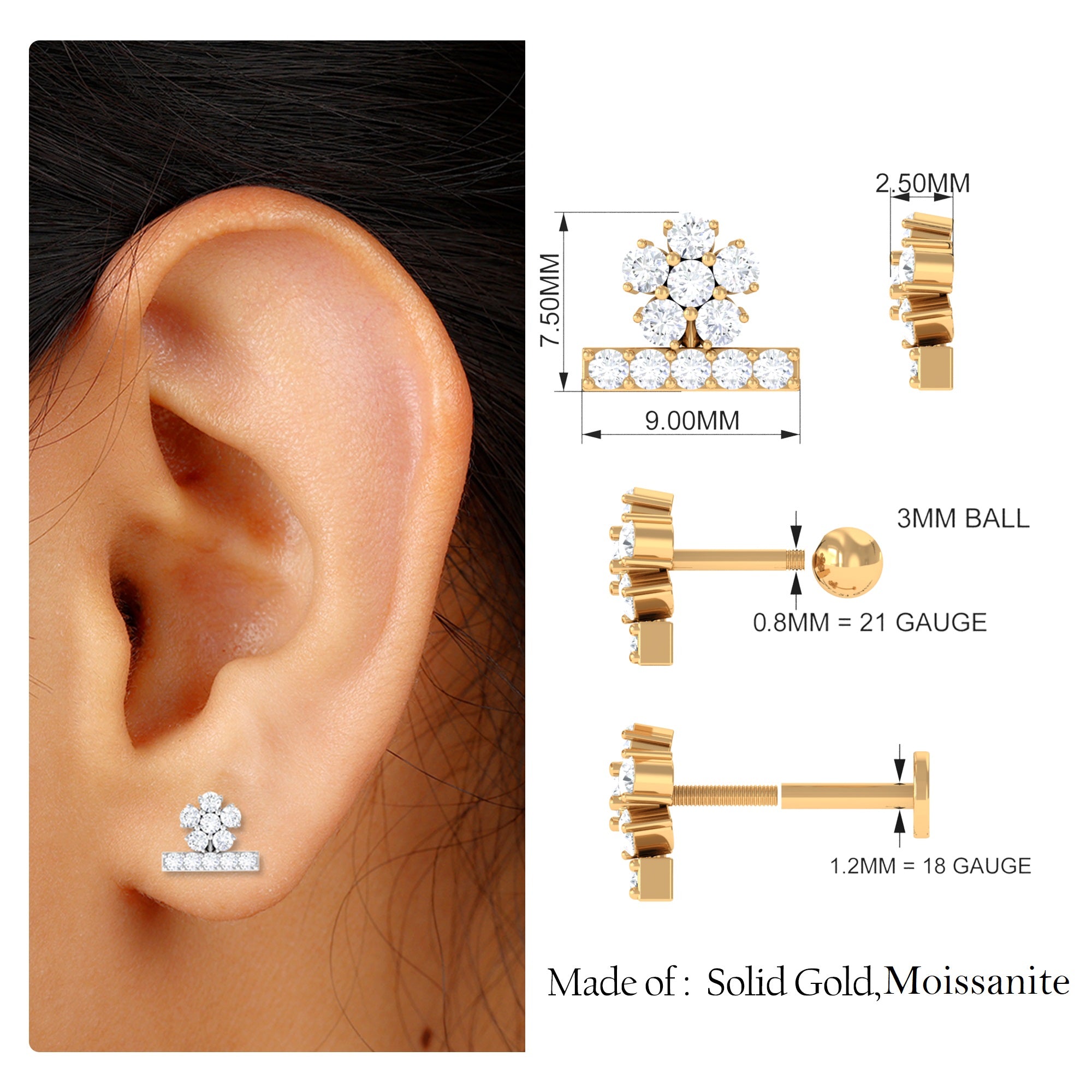 Rosec Jewels-Unique Moissanite Floral Earring for Cartilage Piercing