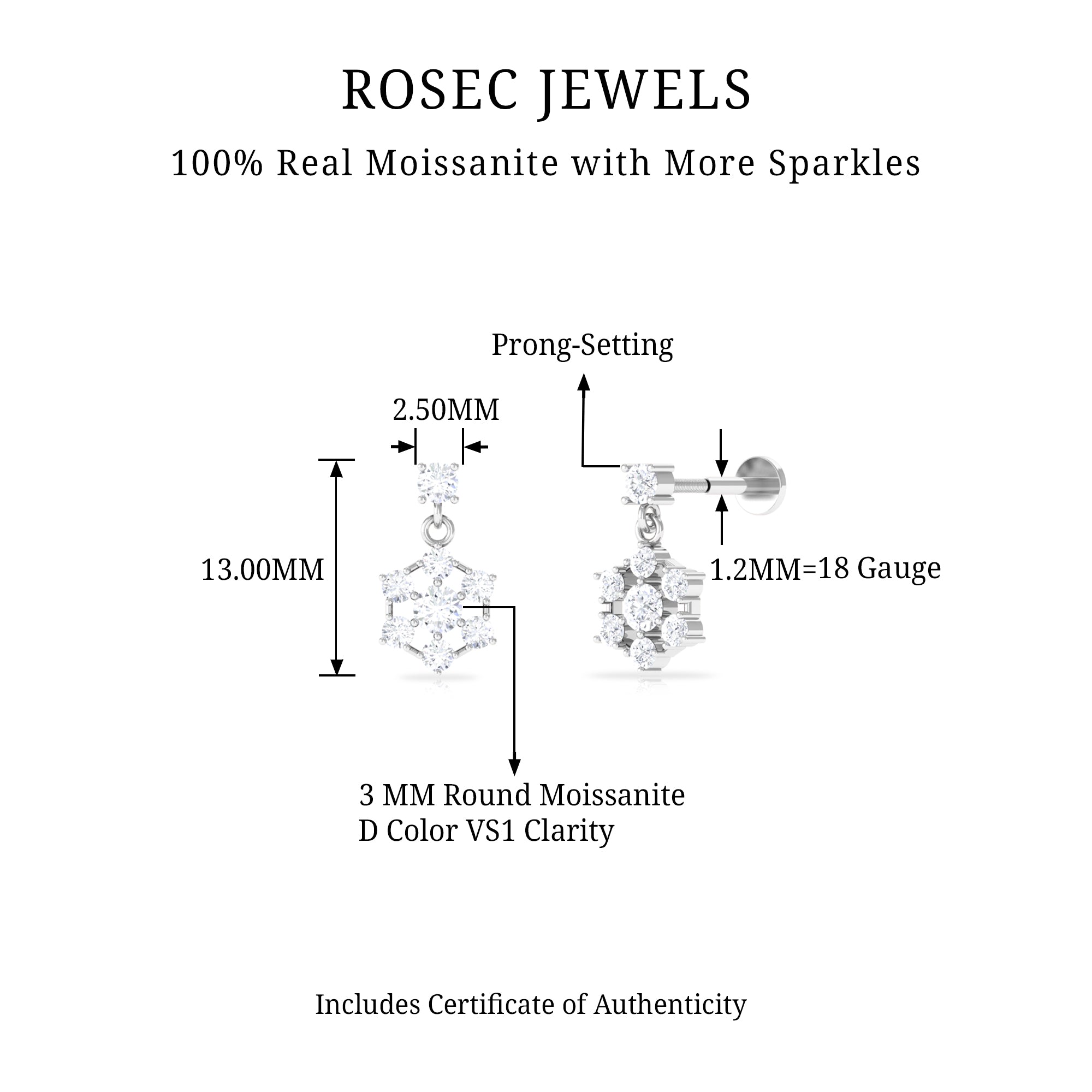 Rosec Jewels-Moissanite Flower Drop Earring for Cartilage Piercing