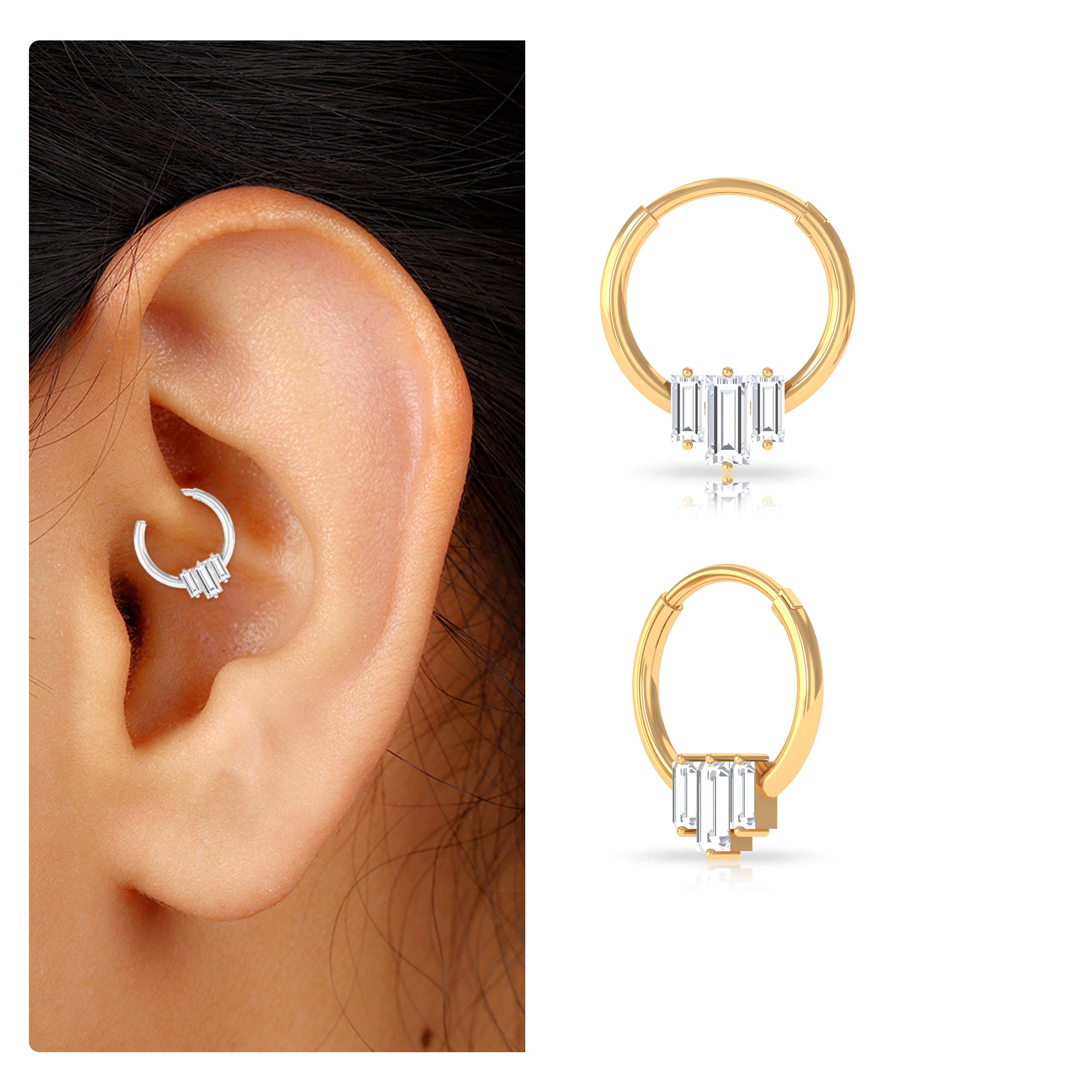 Rosec Jewels-Baguette Moissanite Hoop Earring for Daith Piercing