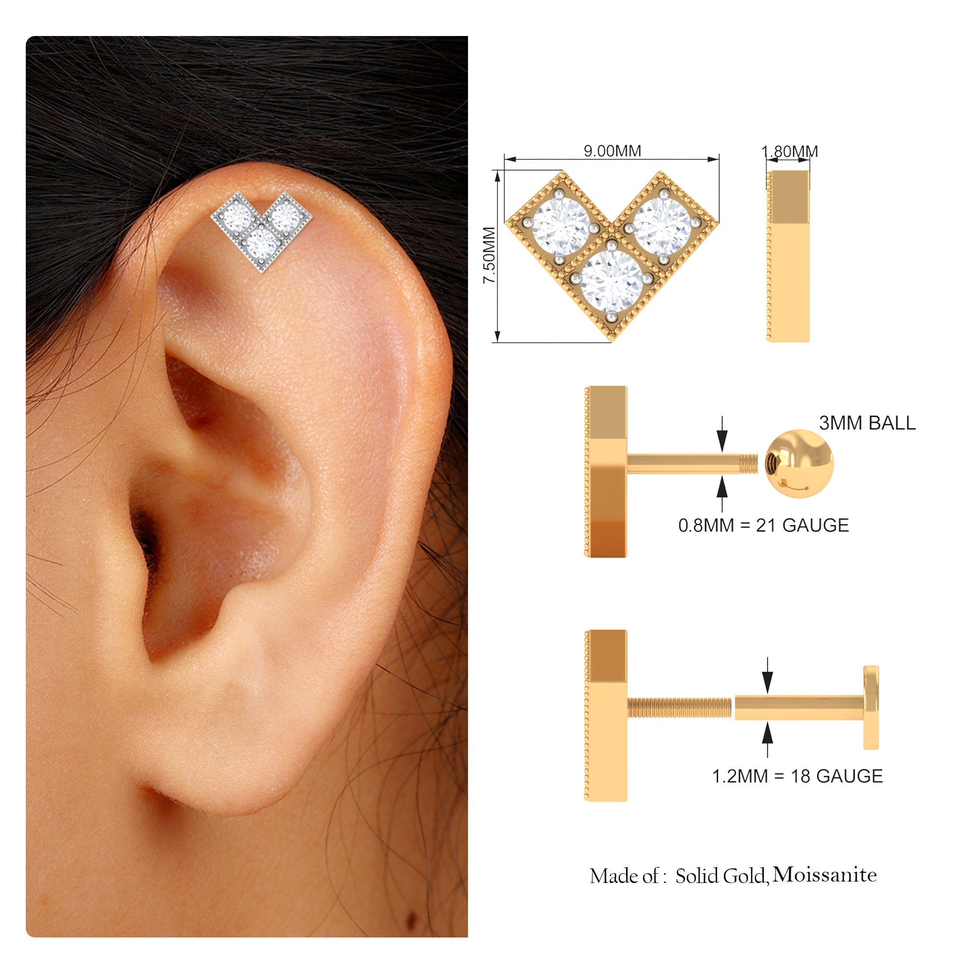 Rosec Jewels-Round Moissanite Chevron Helix Earring with Beaded Gold