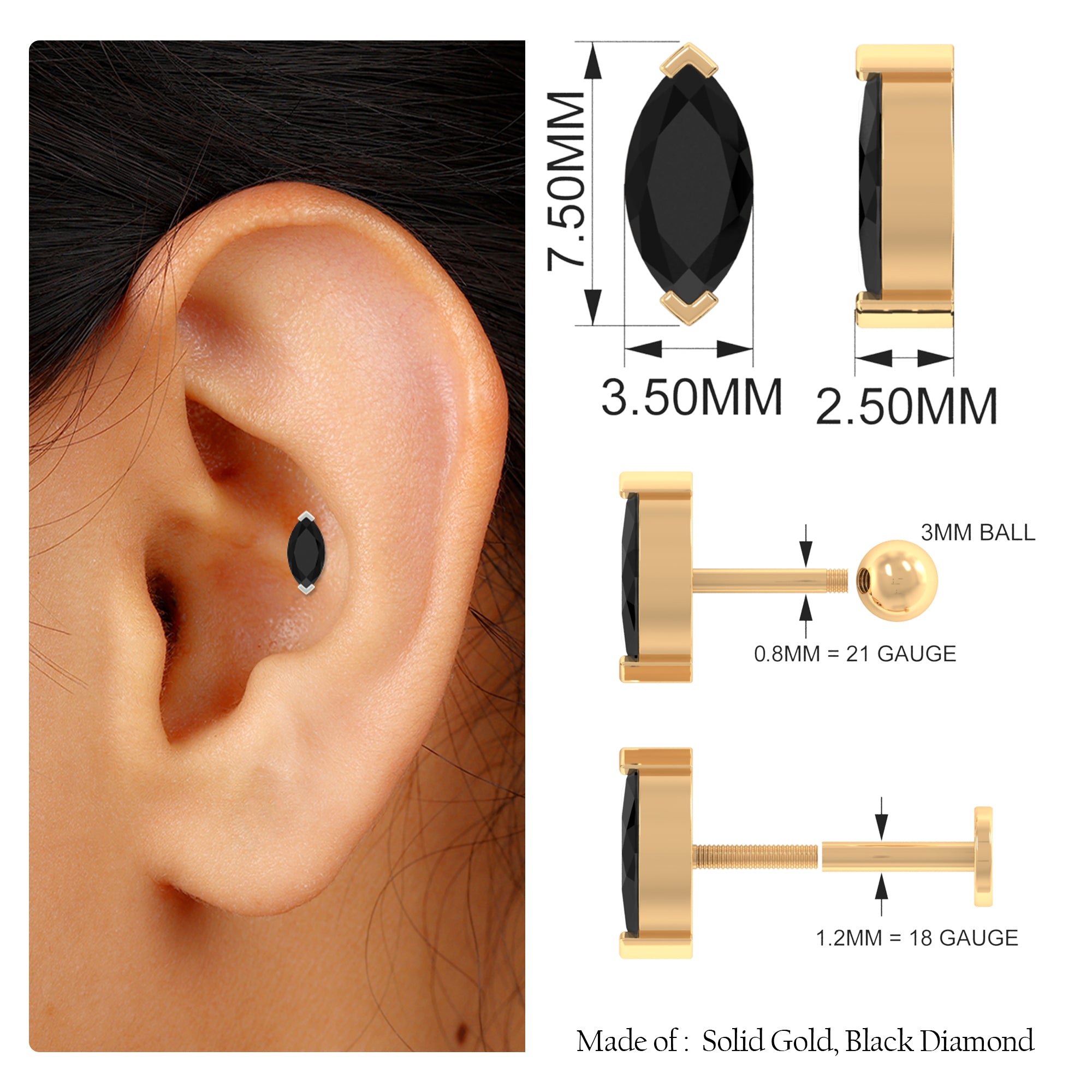 Rosec Jewels-Marquise Black Onyx Solitaire Conch Earring