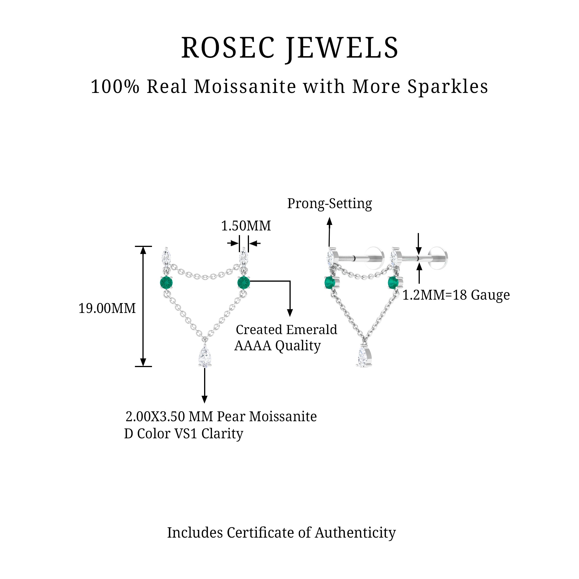 Rosec Jewels-Moissanite Double Piercing Earring with Created Emerald