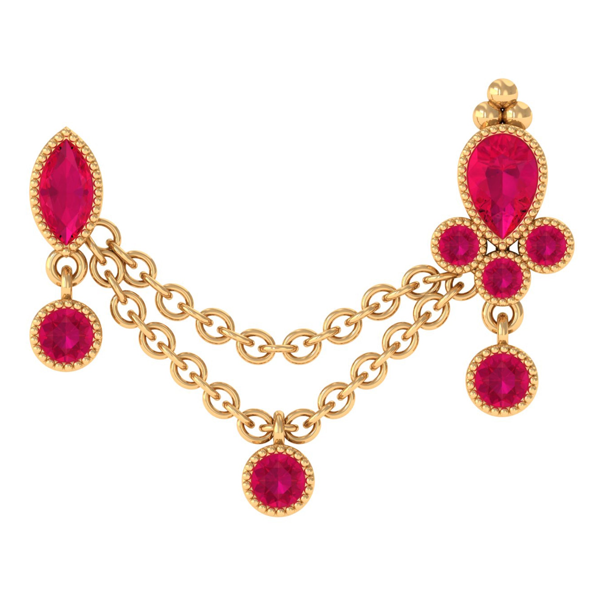 Rosec Jewels-Natural Red Ruby Double Piercing Earring with Dangling Chain