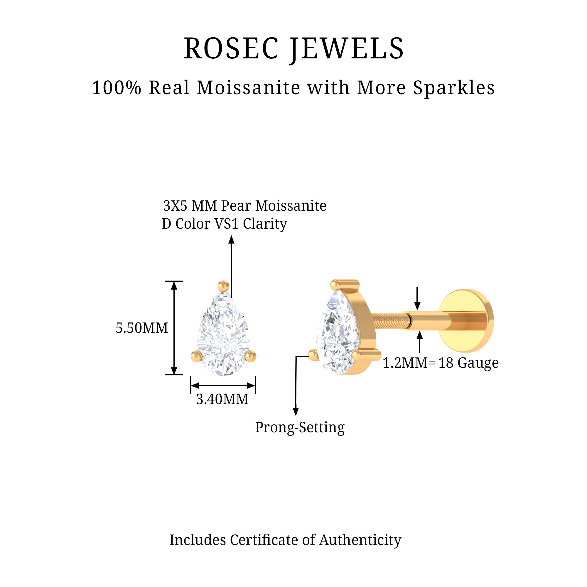 Rosec Jewels-Pear Shape Moissanite Solitaire Conch Earring