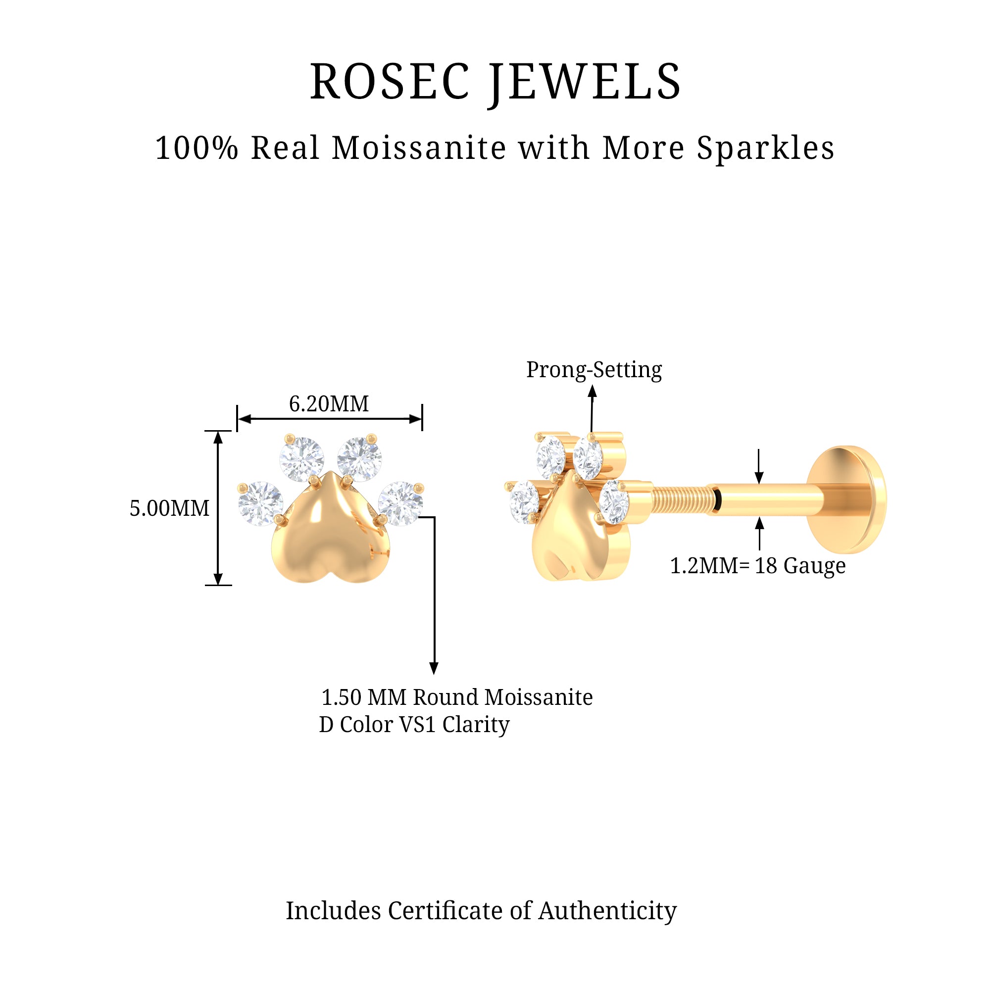 Rosec Jewels-Round Moissanite Gold Heart Paw Earring for Helix Piercing