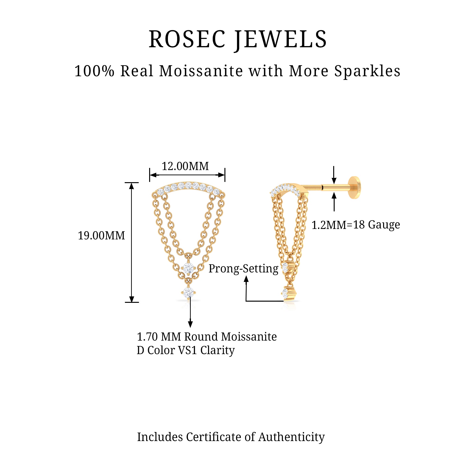 Rosec Jewels-Moissanite Double Chain Dangling Earring for Cartilage Piercing