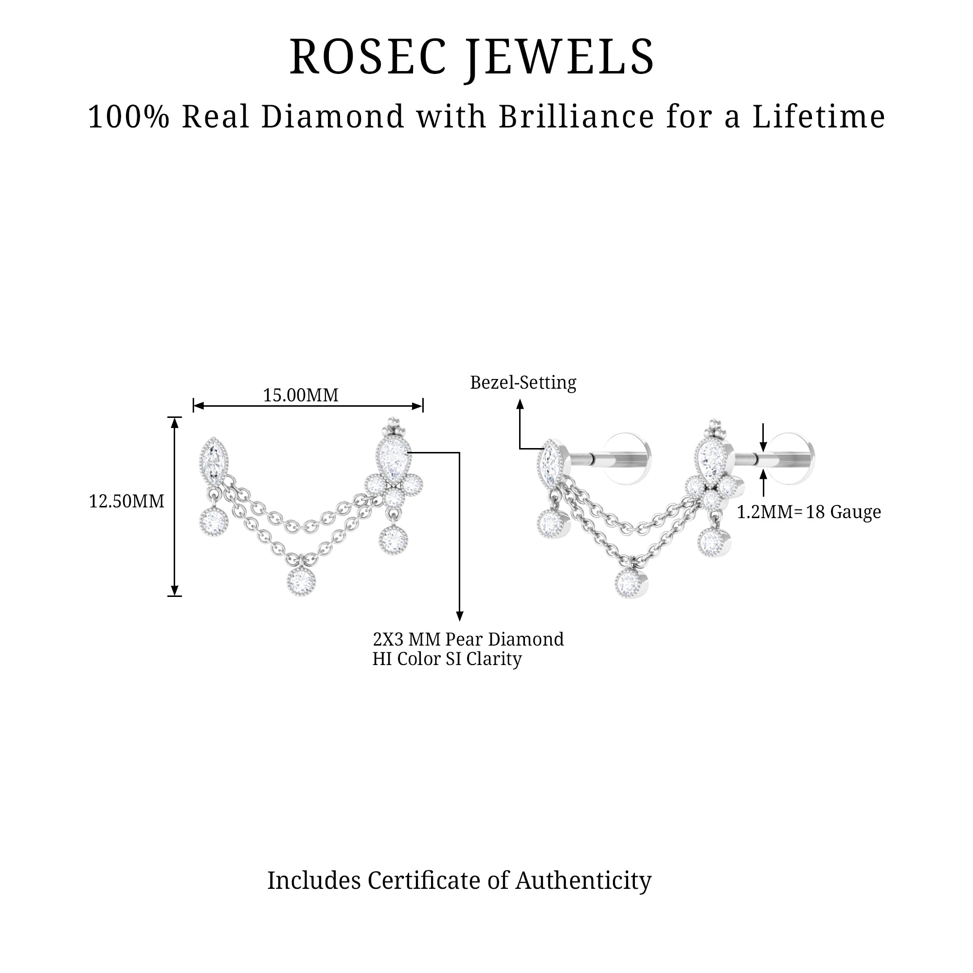 Rosec Jewels-Real Diamond Dangle Chain Earring for Cartilage Piercing