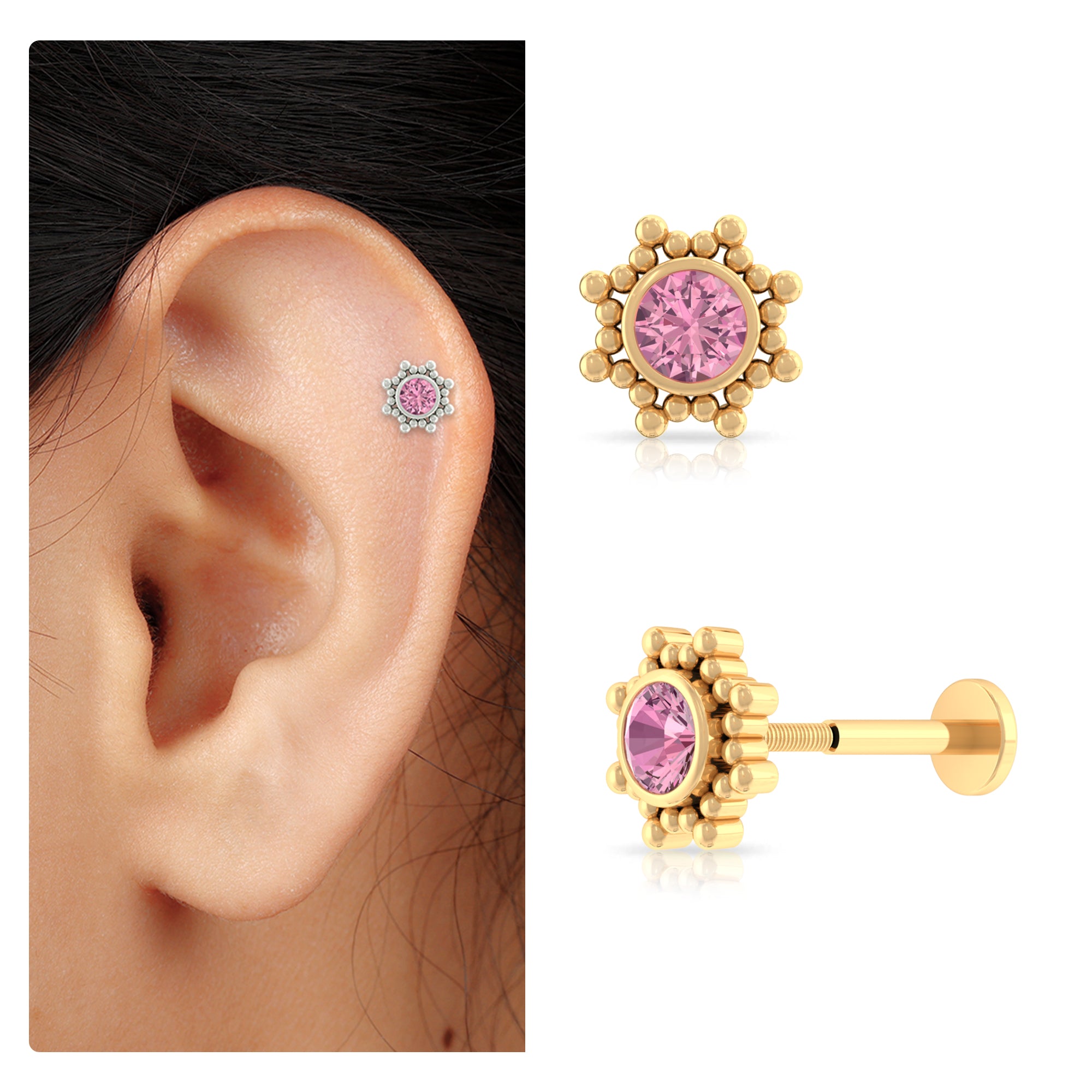 Rosec Jewels-Real Pink Tourmaline Solitaire Rook Earring with Gold Beaded