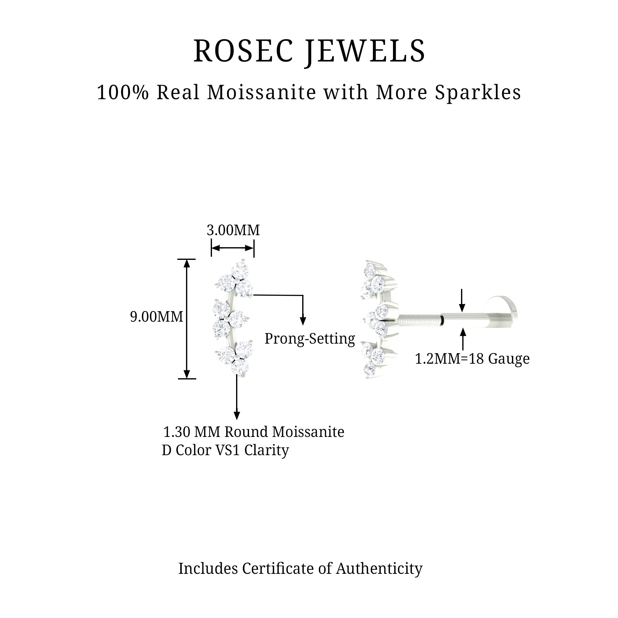 Rosec Jewels-Unique Moissanite Cartilage Climber Earring in Gold