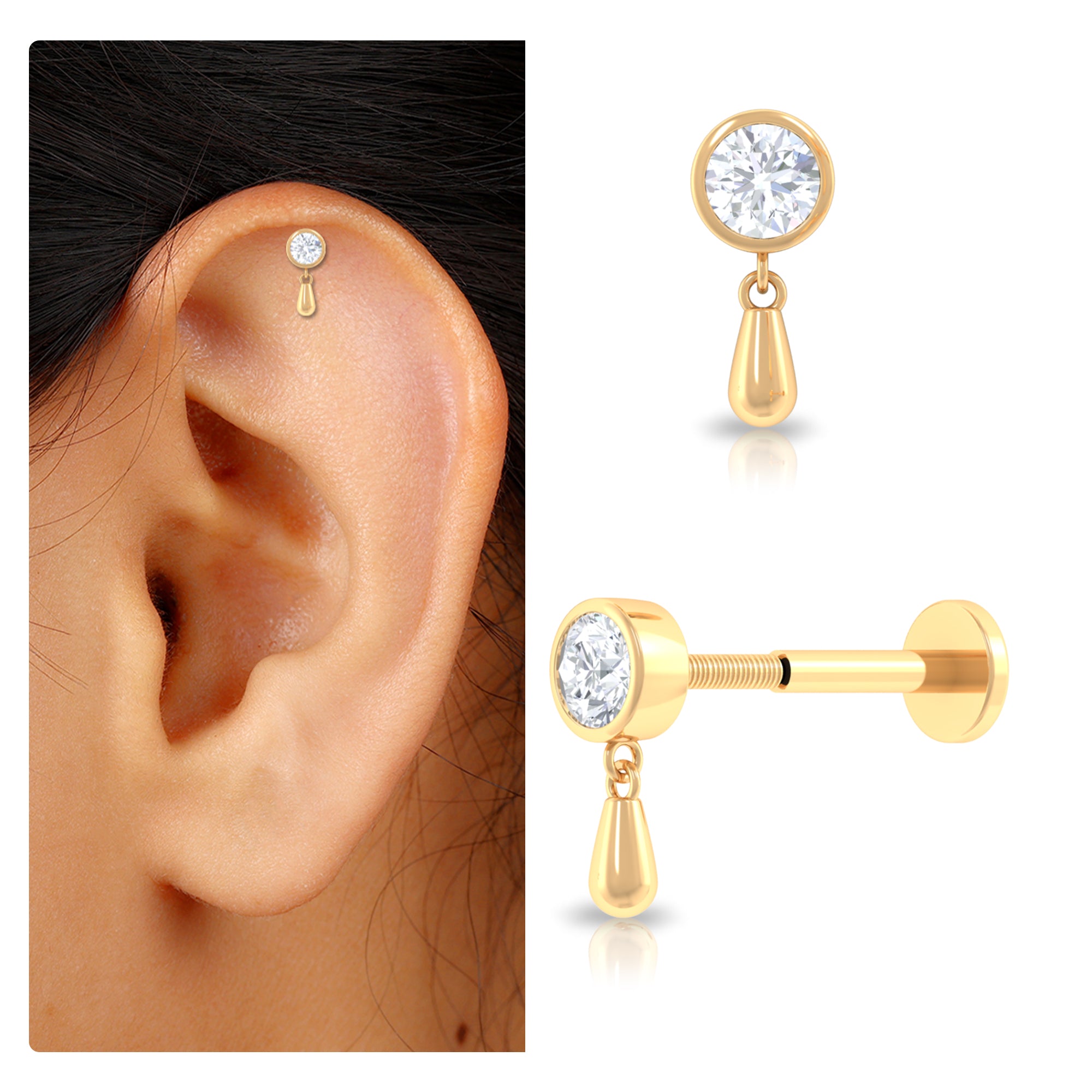 Rosec Jewels-Bezel Set Round Cut Moissanite Helix Drop Earring in Gold