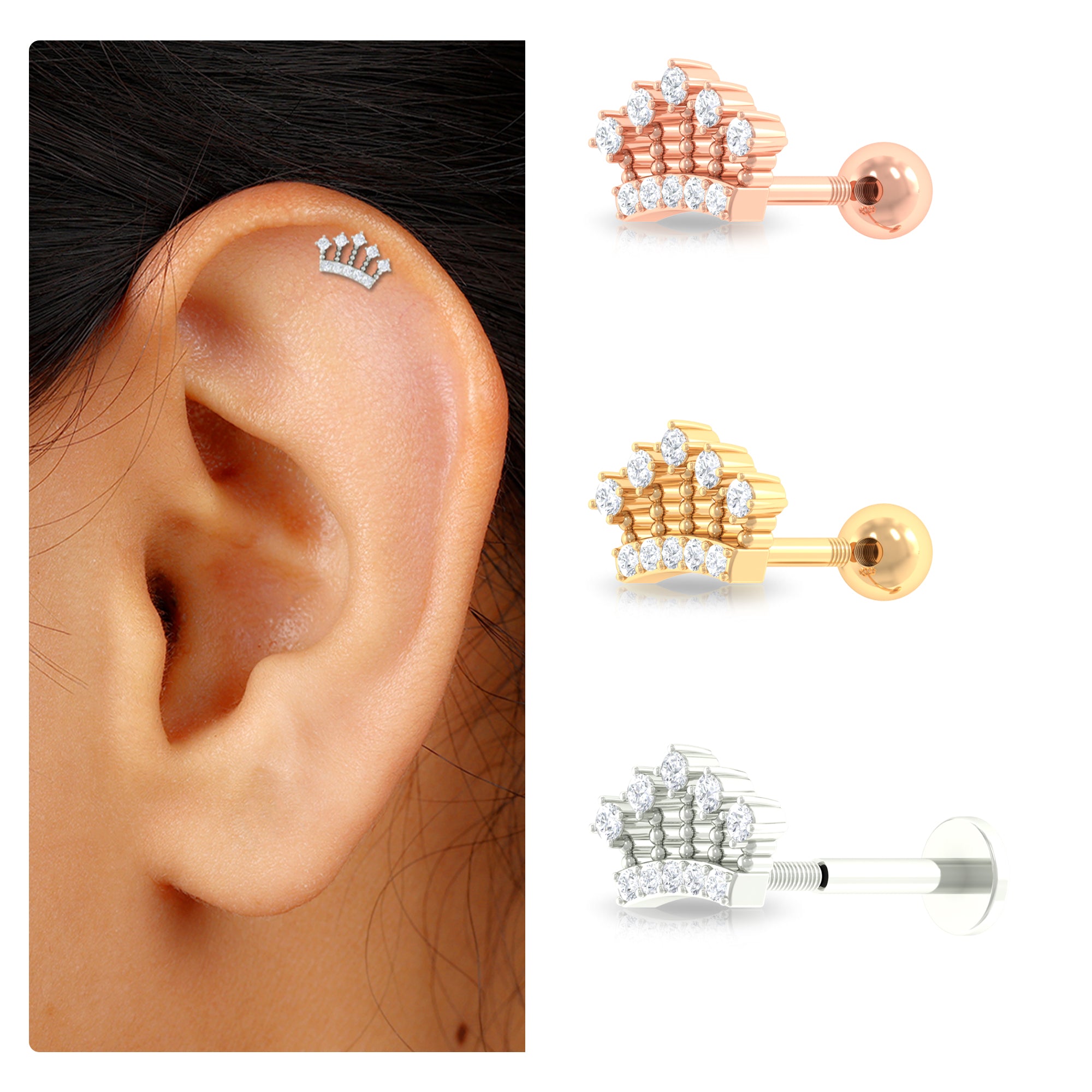 Rosec Jewels-Moissanite Crown Helix Earring with Gold Beaded