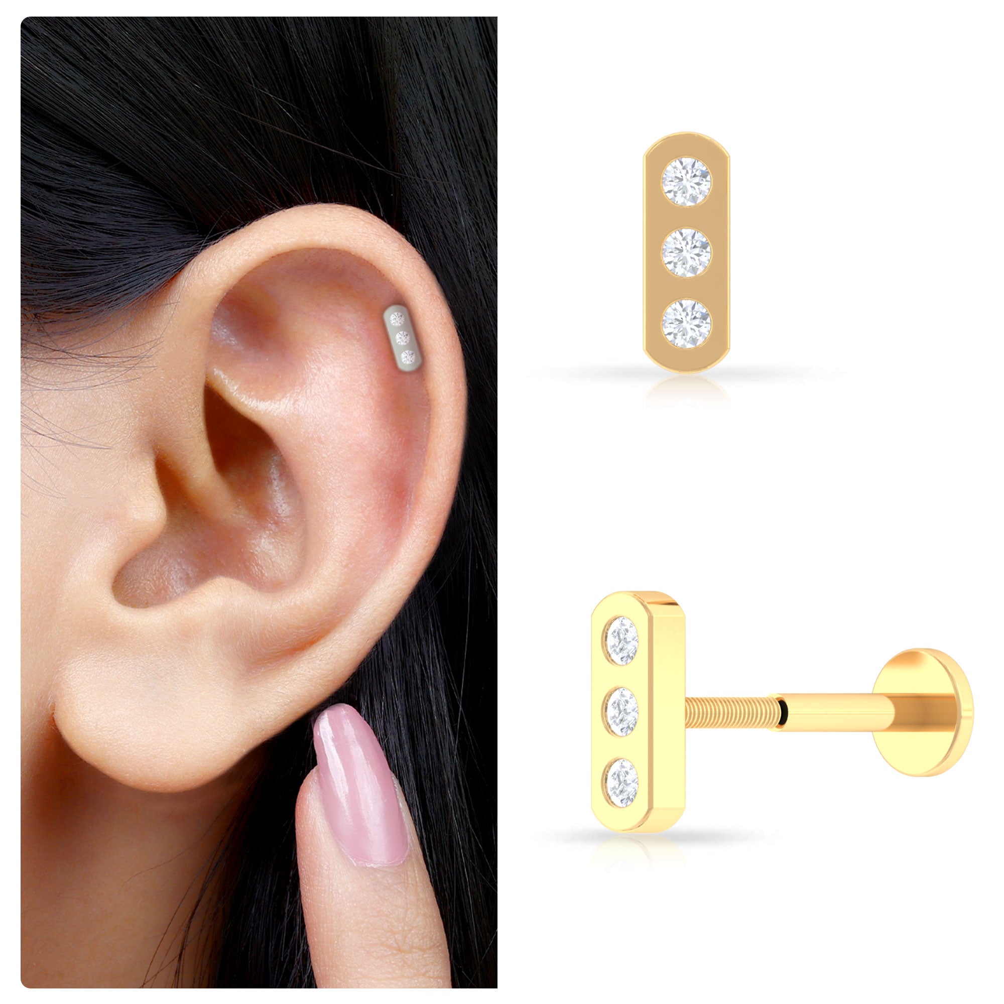 Rosec Jewels-Real Diamond Three Stone Tragus Earring with Gold Bar