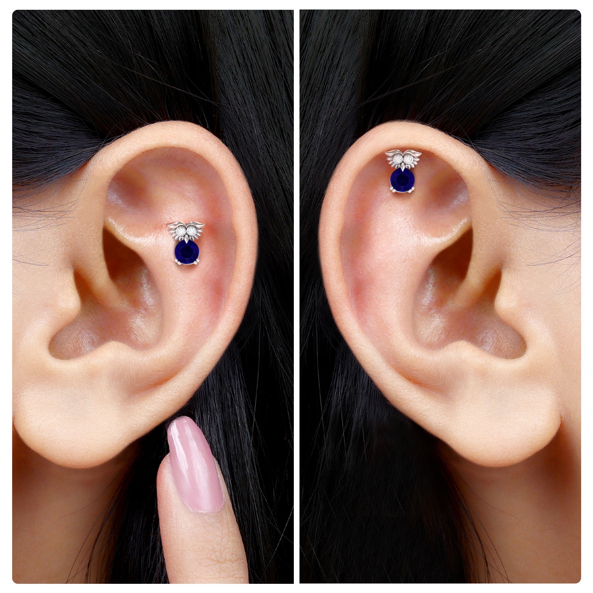 Rosec Jewels-Blue Sapphire and Moissanite Owl Helix Earring