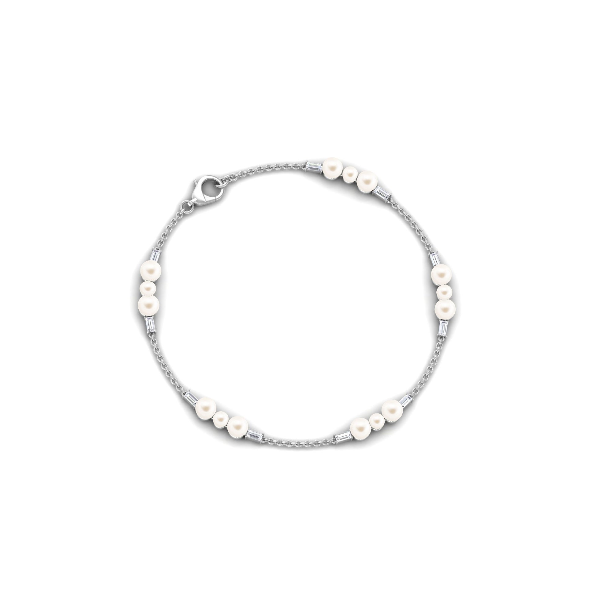 Freshwater Pearl and Moissanite Station Chain Bracelet Freshwater Pearl - ( AAA ) - Quality - Rosec Jewels