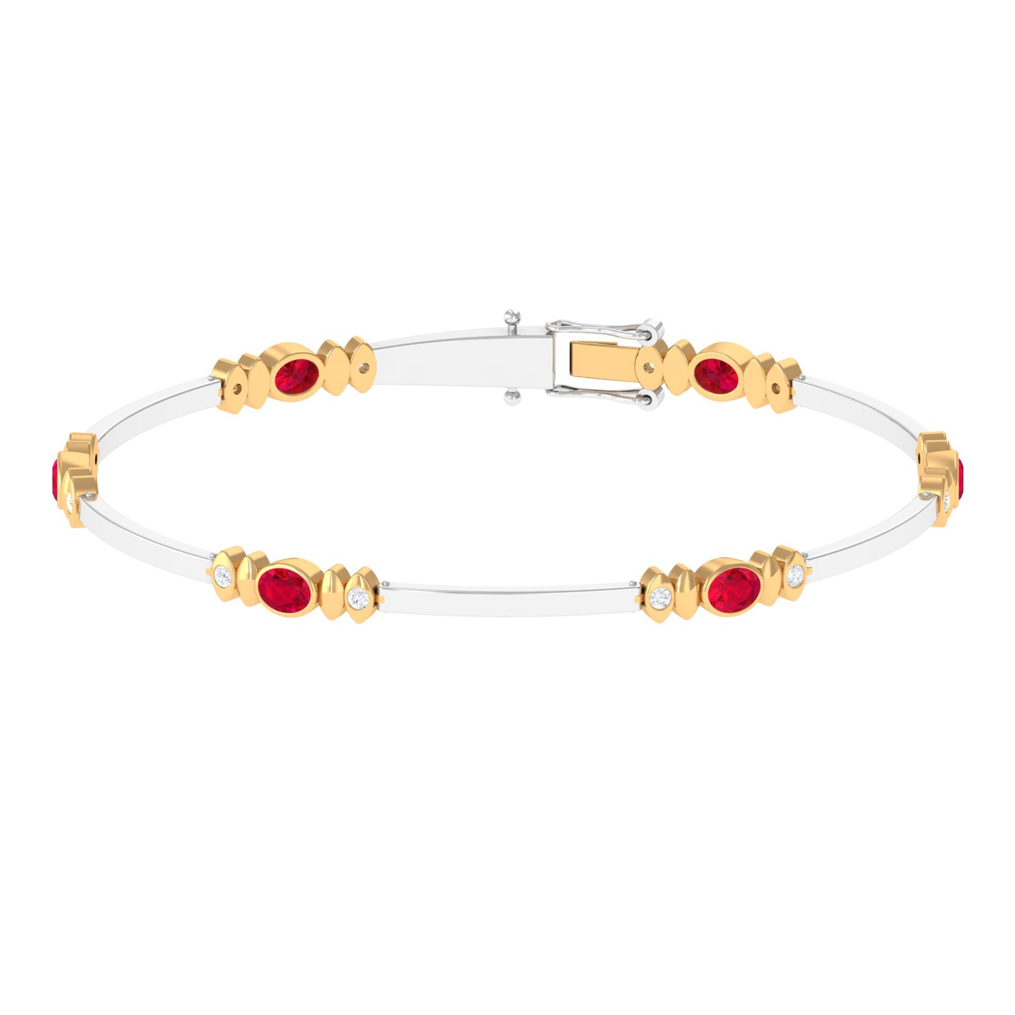 Oval Lab Grown Ruby Link Bracelet with Moissanite Lab Created Ruby - ( AAAA ) - Quality - Rosec Jewels