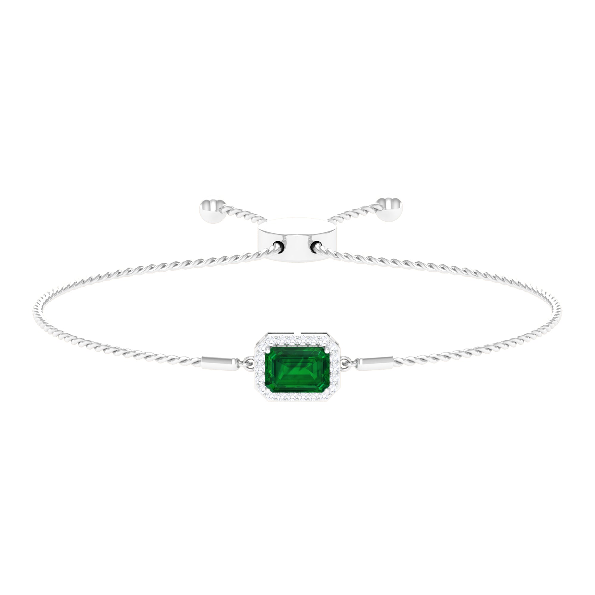 Emerald Cut Created Emerald Bolo Chain Bracelet With Diamond Halo Lab Created Emerald - ( AAAA ) - Quality - Rosec Jewels